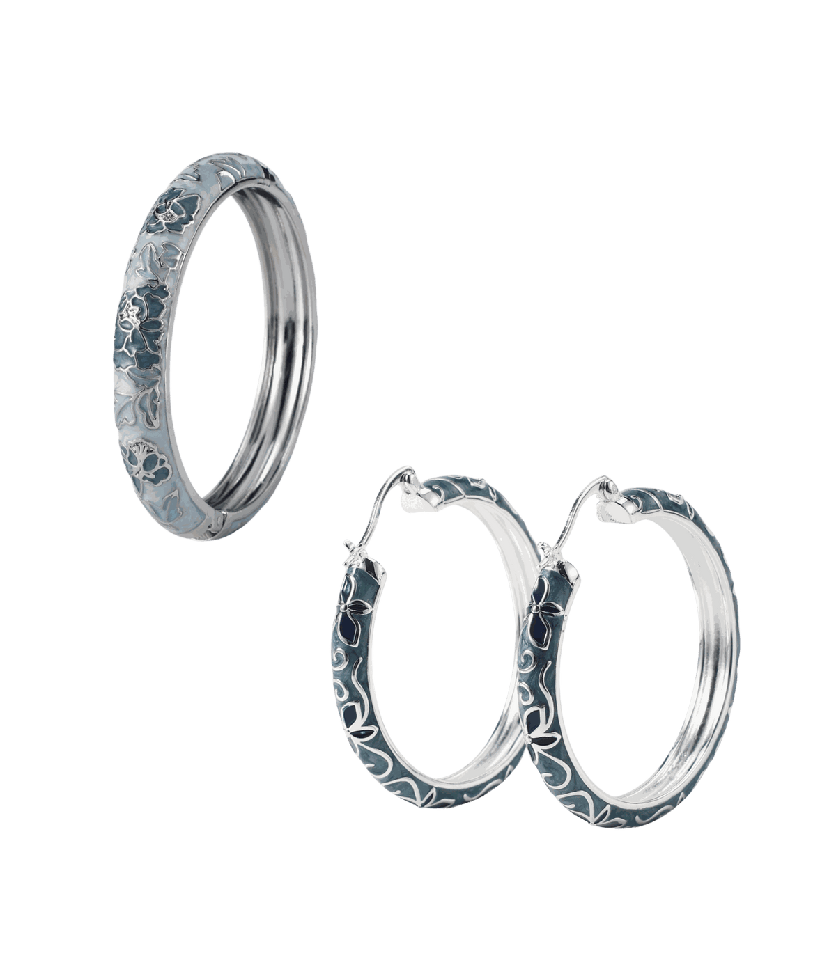 Bangle and hoop earrings in silver-tone metal with pale blue and navy enamel floral patterns, Primavera Vivid Bundle - Chinese cloisonné bangle and earrings.