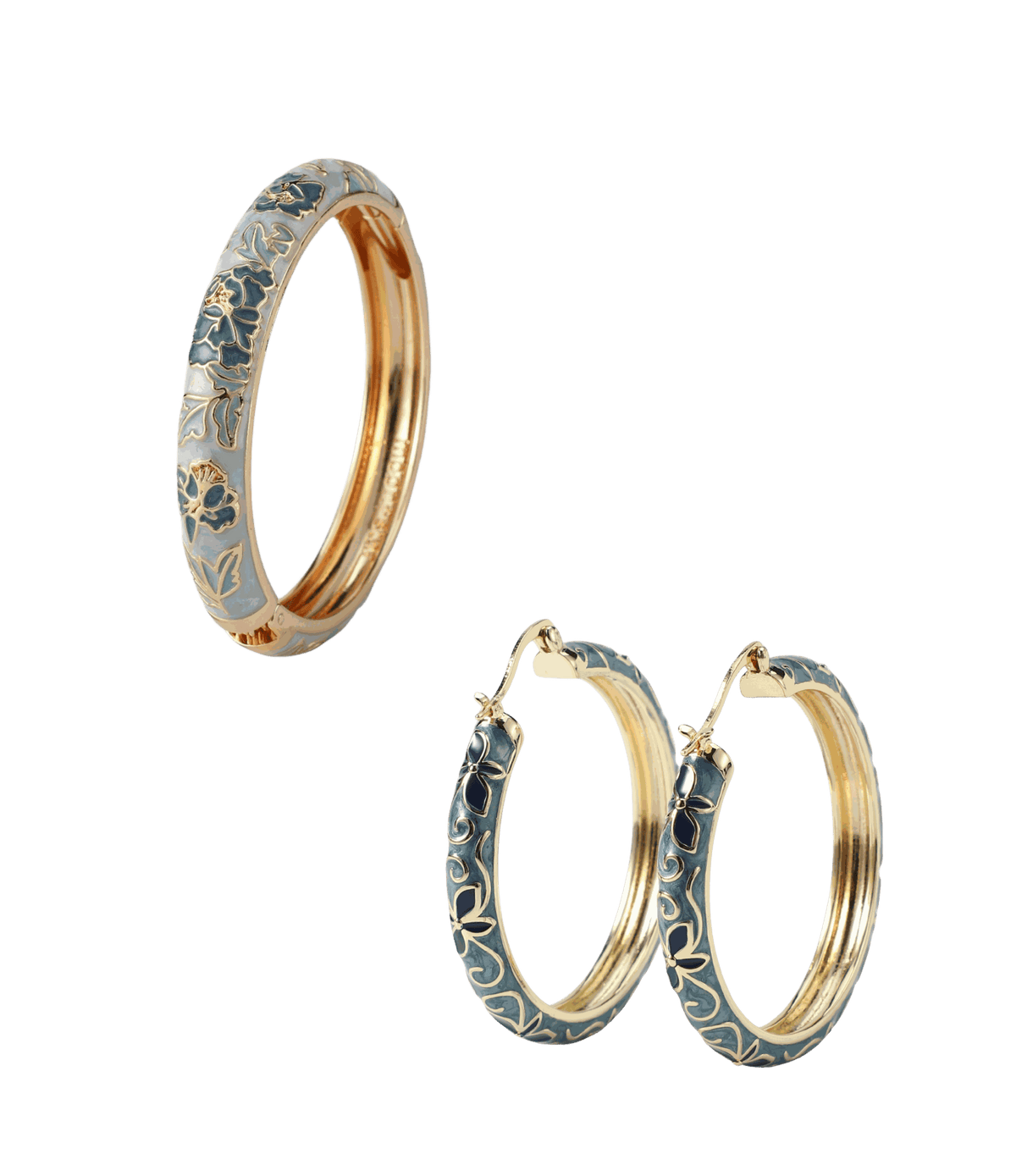 Primavera Vivid Bundle - Chinese cloisonné bangle and earrings, light blue floral enamel bangle with gold-tone hoops
