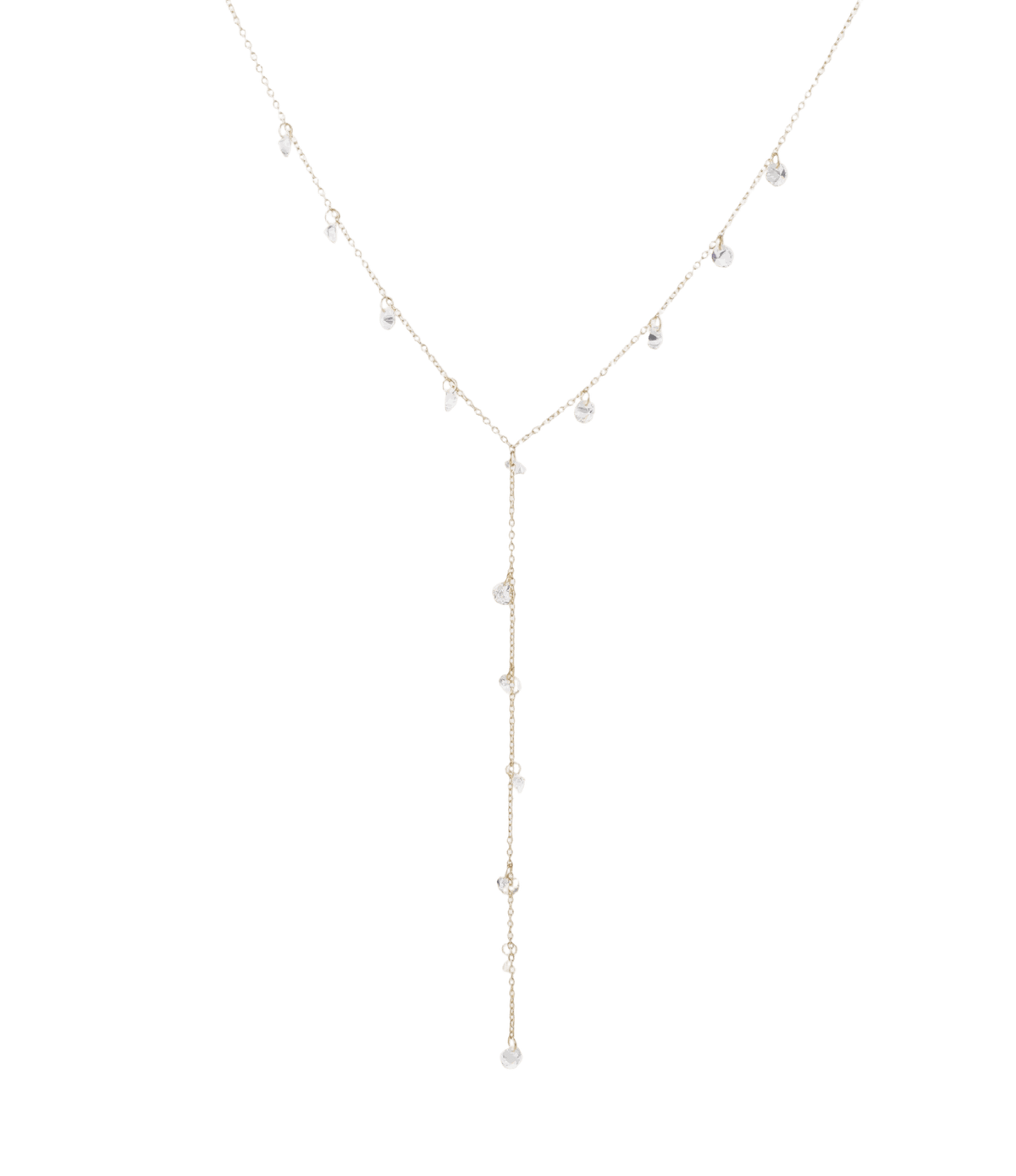 Y-shaped stainless steel necklace with a slim silver-tone chain and scattered zirconia stones; Raquelle Necklace - Lariat Necklace Y Necklace