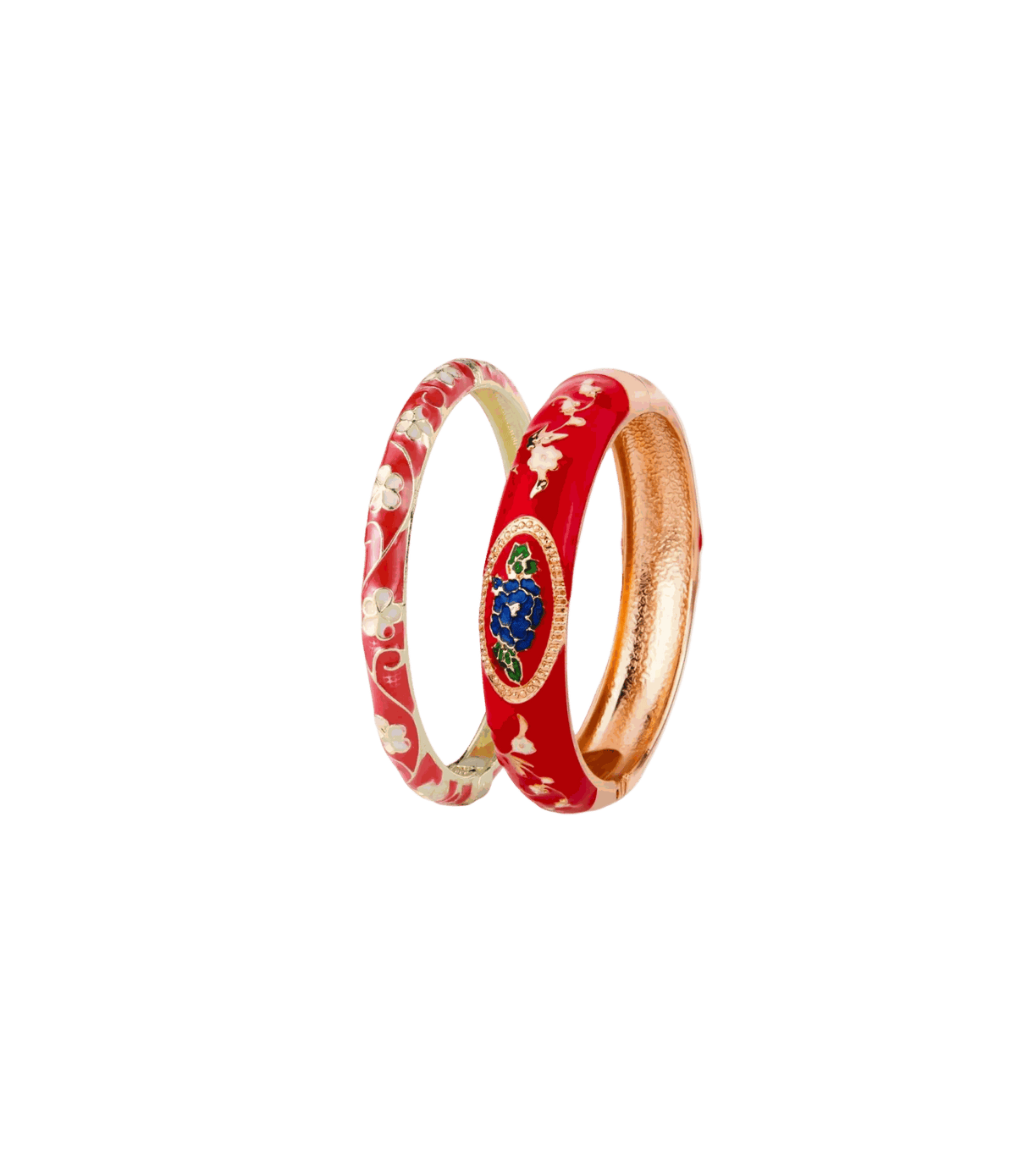 Bangle set, RED LOLA SET, with glossy red enamel, gold-tone bands and colorful floral motifs.
