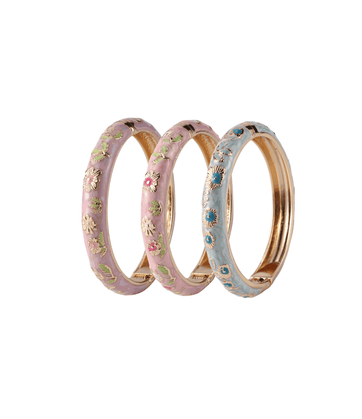 Rococo Bangle Set - Chinese cloisonné bangle set with pink and light blue enamel bands and gold floral detailing