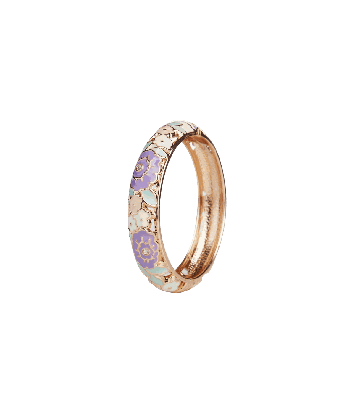 ROSE BABY BANGLE in gold-tone metal with a pale blue enamel band, decorated with purple and cream floral motifs.