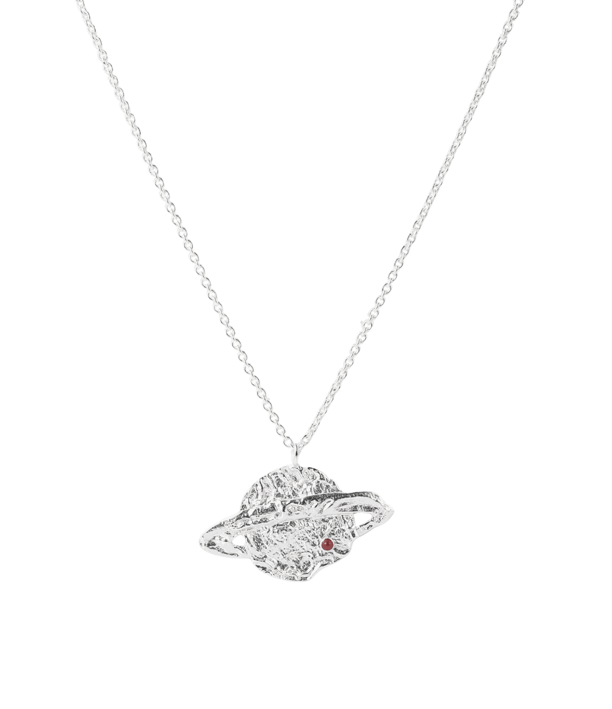 Saturn Necklace - Long Pendant Necklace in silver-tone metal with a textured planet pendant, ring detail and tiny red gem