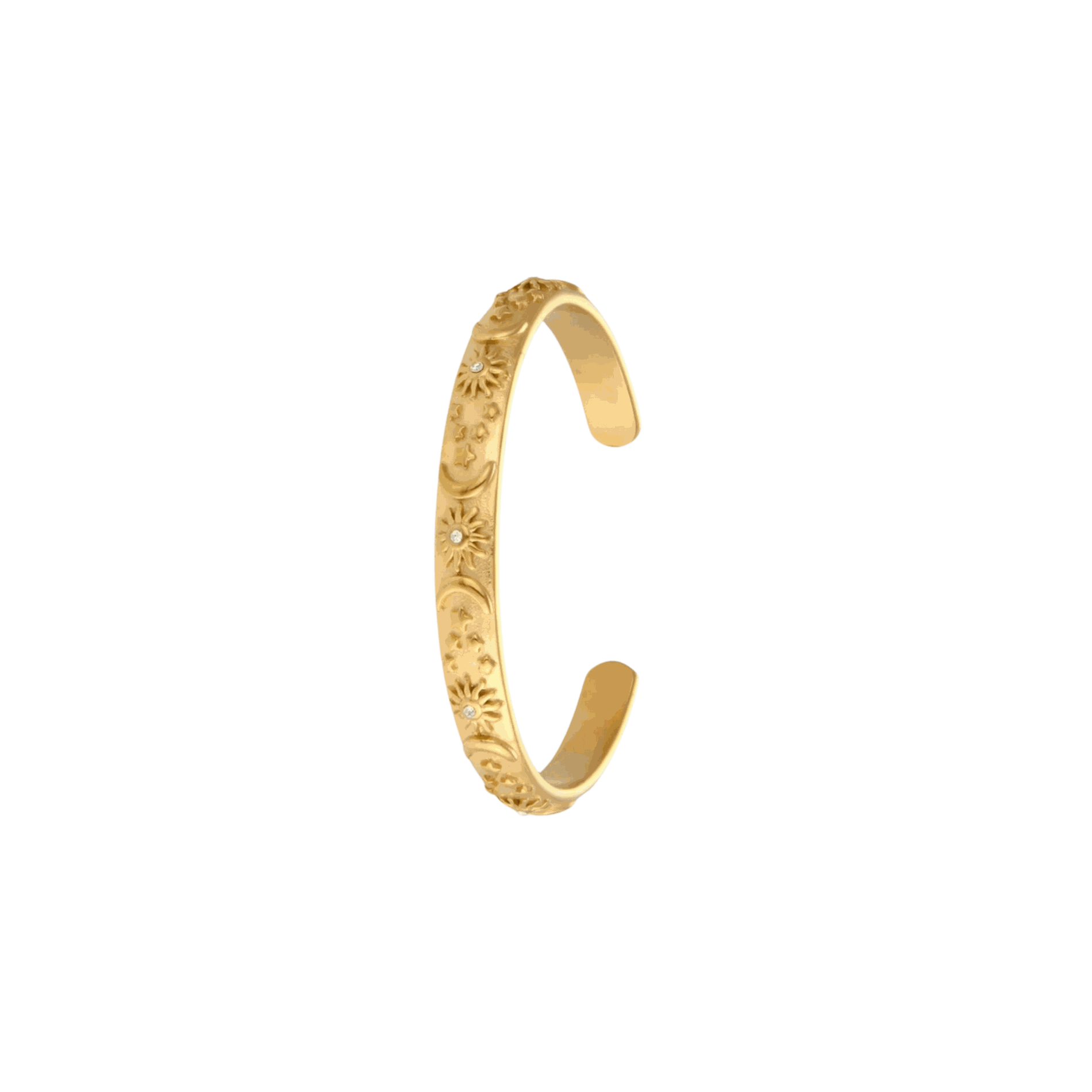 Bangle bracelet, SELESTIA BANGLE IN WHITE, gold-tone metal with raised floral detailing and an open cuff design.