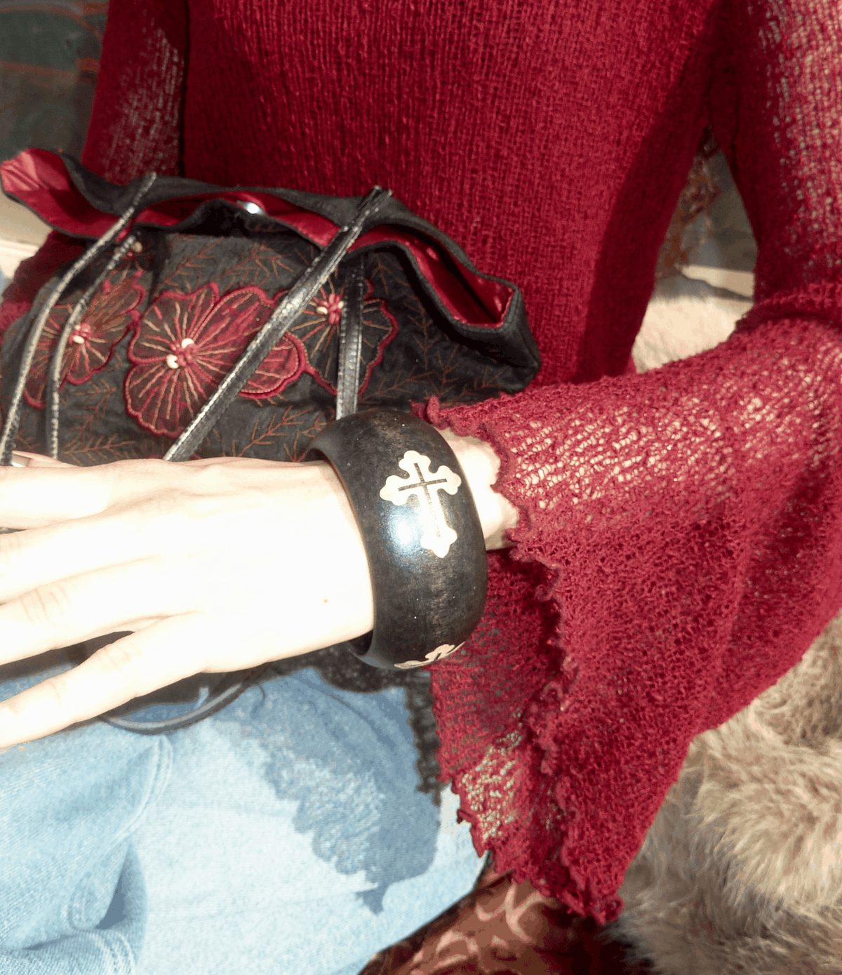 Sienna Wood Bangle in black wood with a chunky shape and engraved white cross detail