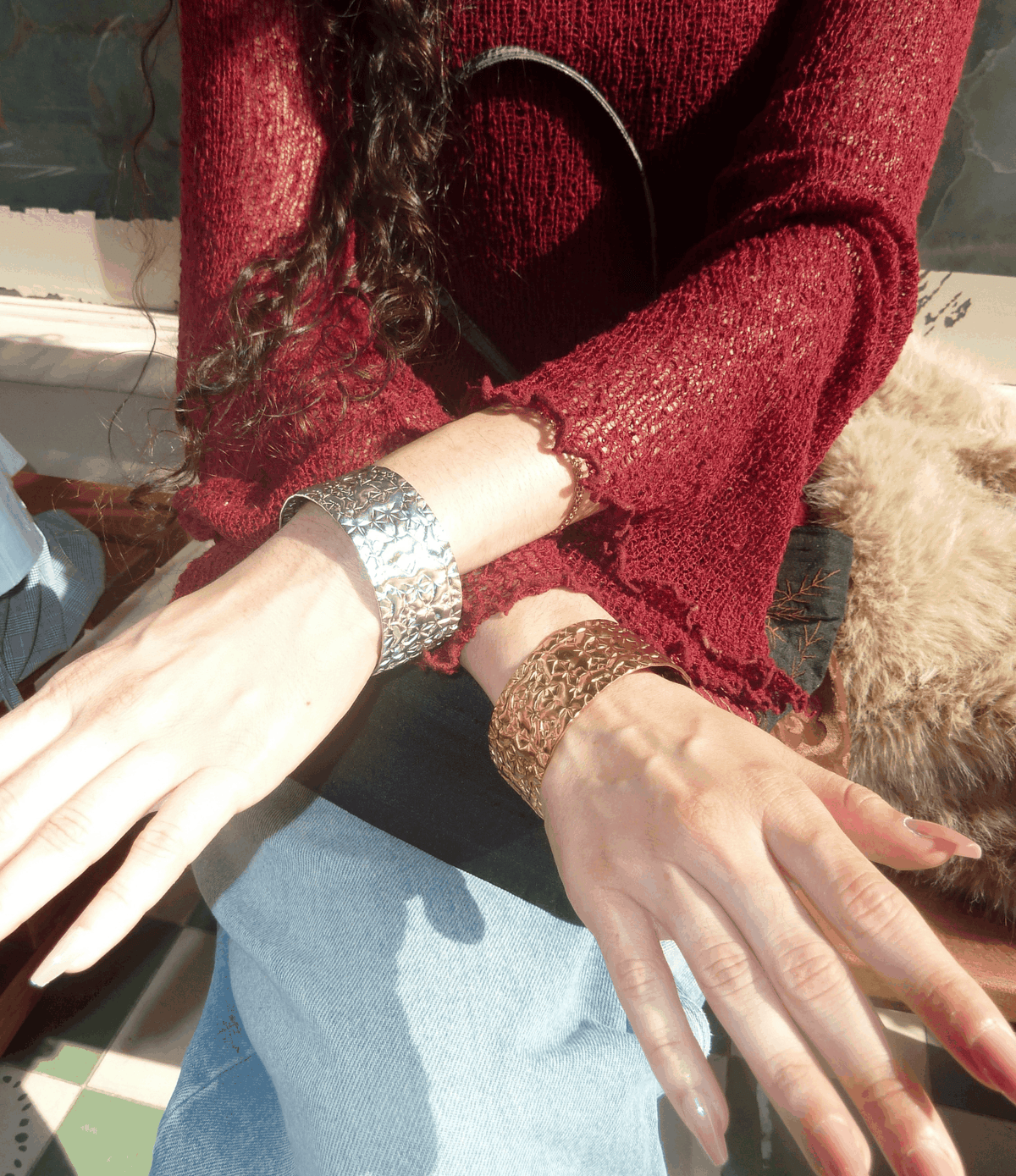 Soleil Bangle - Stainless steel bangle with a crinkled textured finish, shown in silver and gold open cuff styles