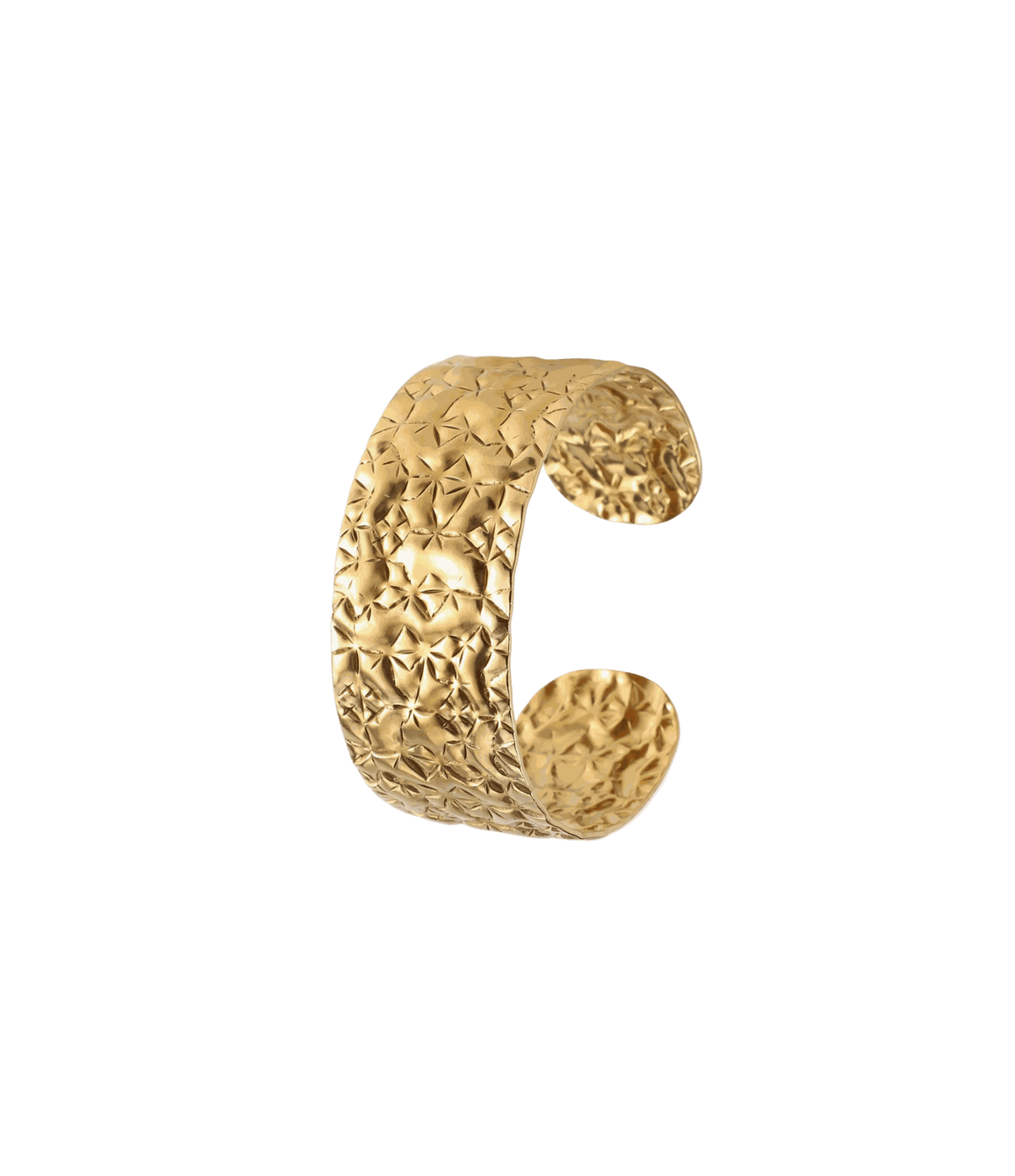 Soleil Bangle - Stainless steel bangle, gold-tone metal cuff with a crinkled, faceted texture and open adjustable design.