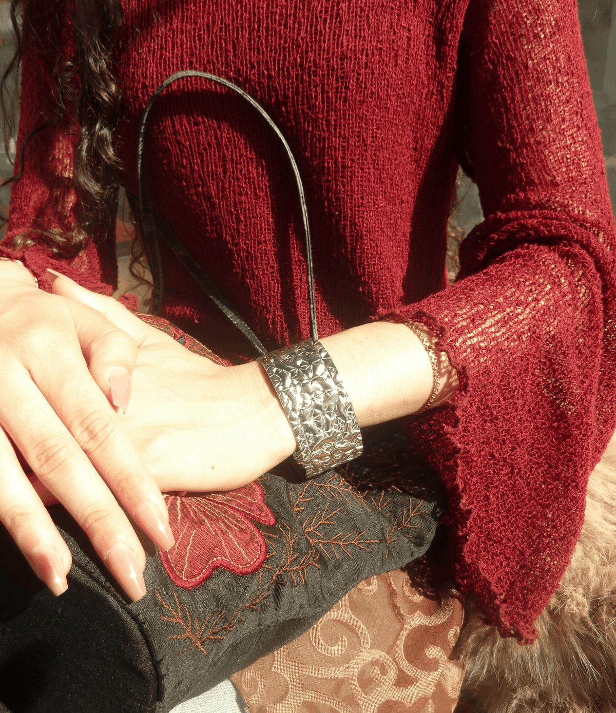 Soleil Bangle - Stainless steel bangle in silver-tone metal with a crinkled, textured finish and open cuff design