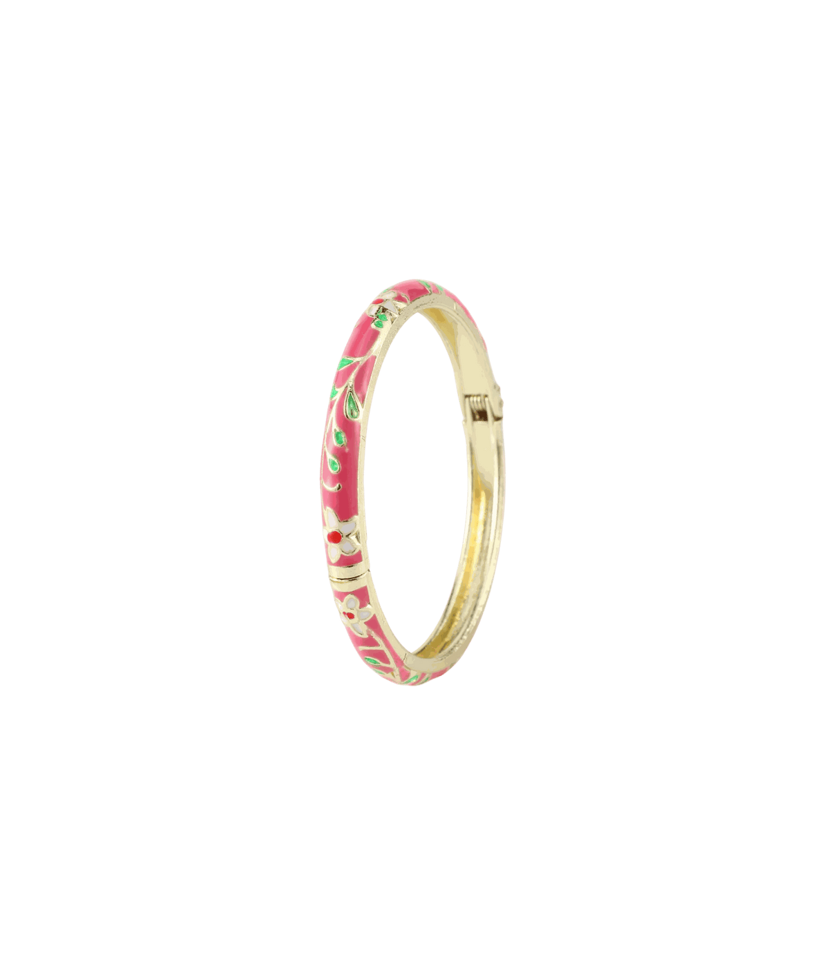 SOLENE BANGLE IN HOT PINK, a slim gold-tone bangle with pink enamel and delicate floral accents.