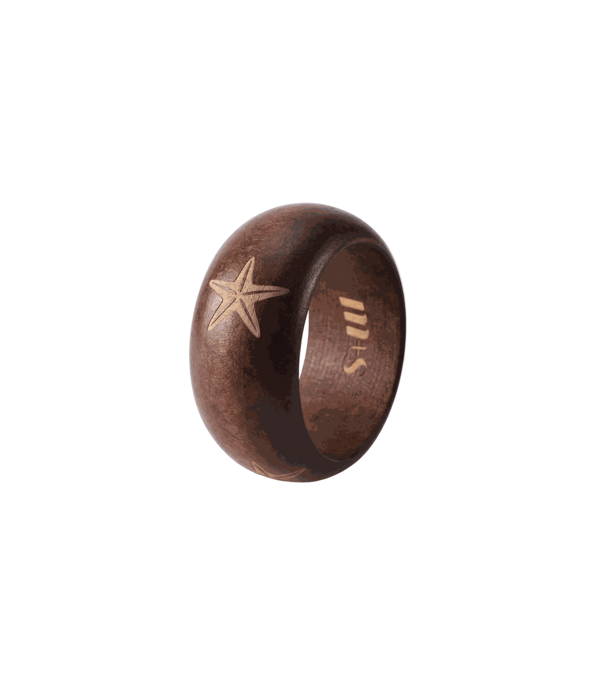 SORAYA WOOD BANGLE in dark auburn wood, with a smooth broad band and engraved star detail on the outer surface