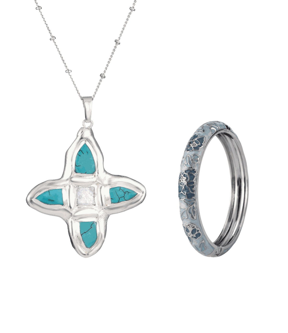 Jewellery set with a silver-tone blue enamel cross pendant necklace and patterned bangle; STAR GIRL101 The OG Set - Chinese cloisonné bangle and blue necklace