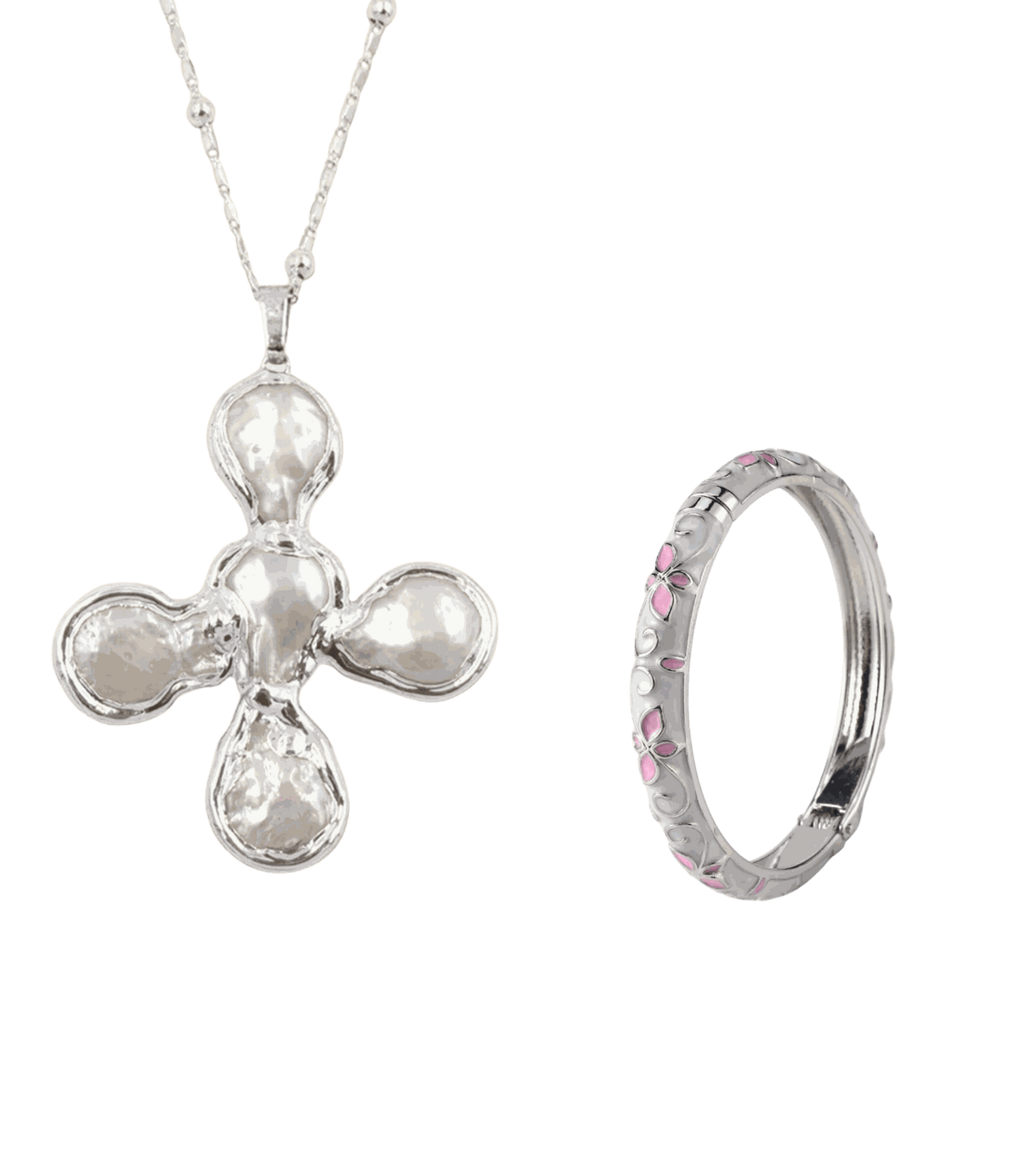 STARGIRL101: THE EVERYDAY SET, silver necklace with a sculptural four-petal pearl-like pendant and silver bangle with pink accents.