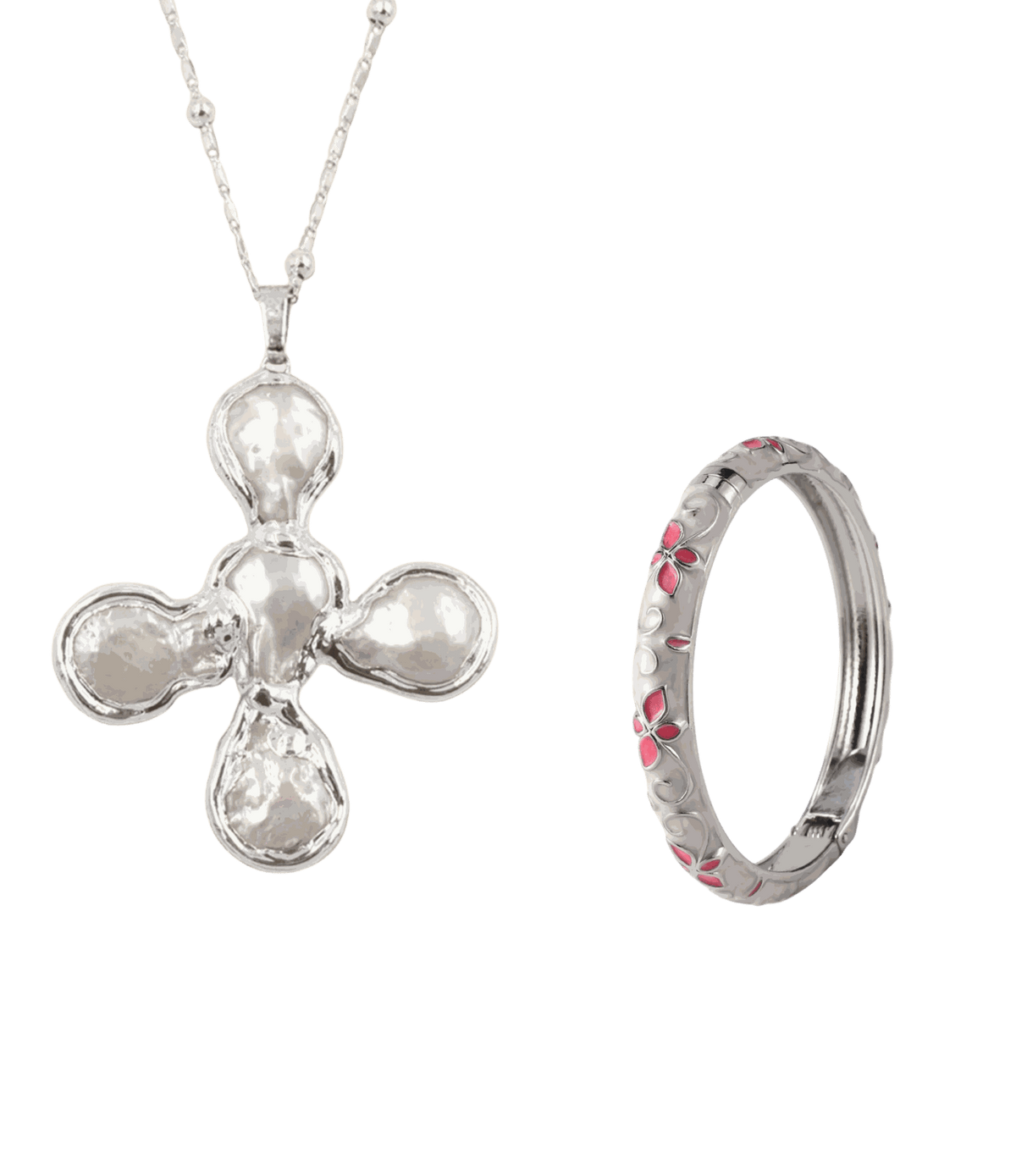 STARGIRL101: THE GO-TO SET with a silver-tone necklace and four-lobed pendant, paired with a silver bangle with pink accents.