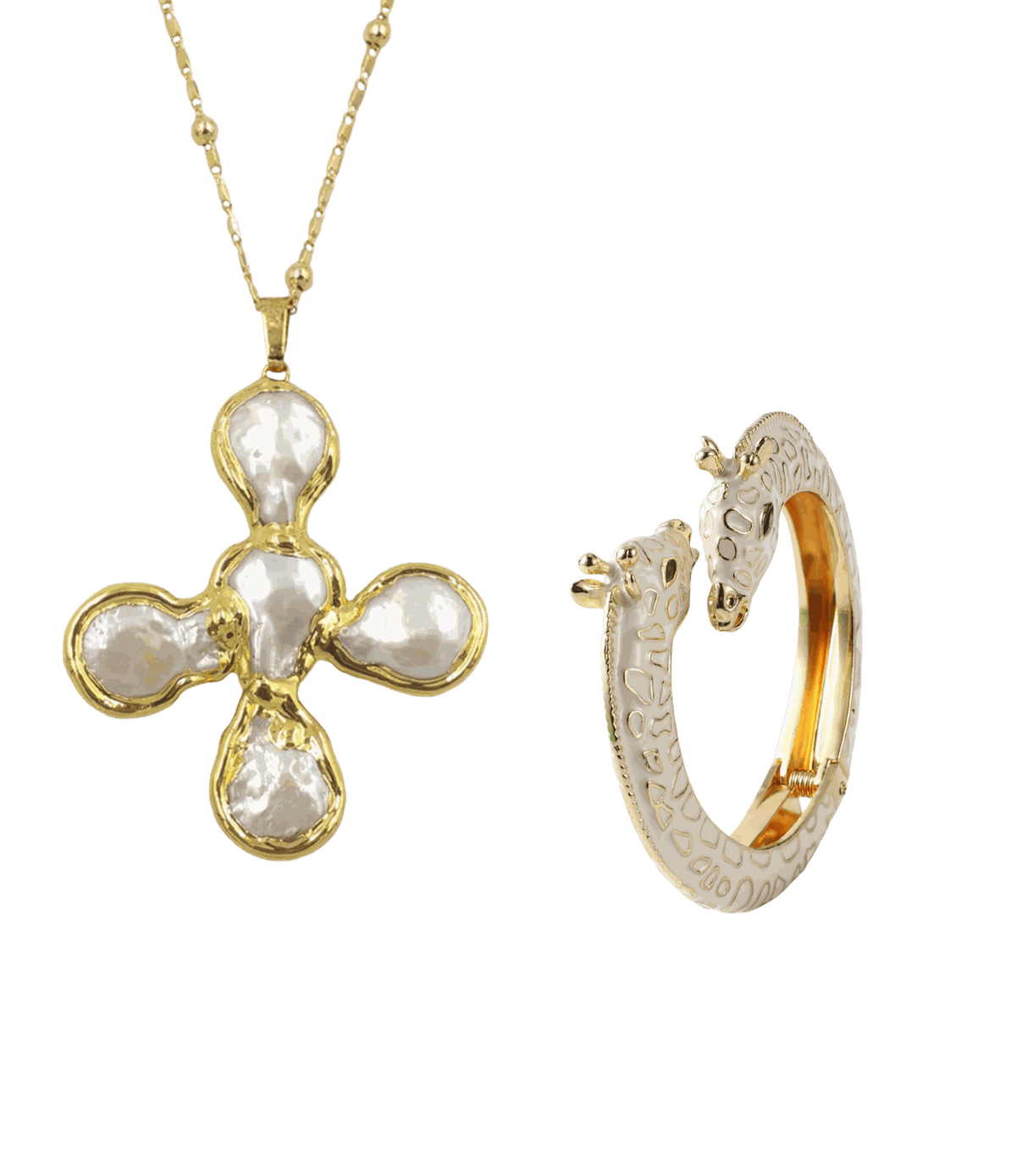 STARGIRL101: THE ICON SET, gold-tone necklace with a four-pearl flower pendant and white engraved giraffe bangle.