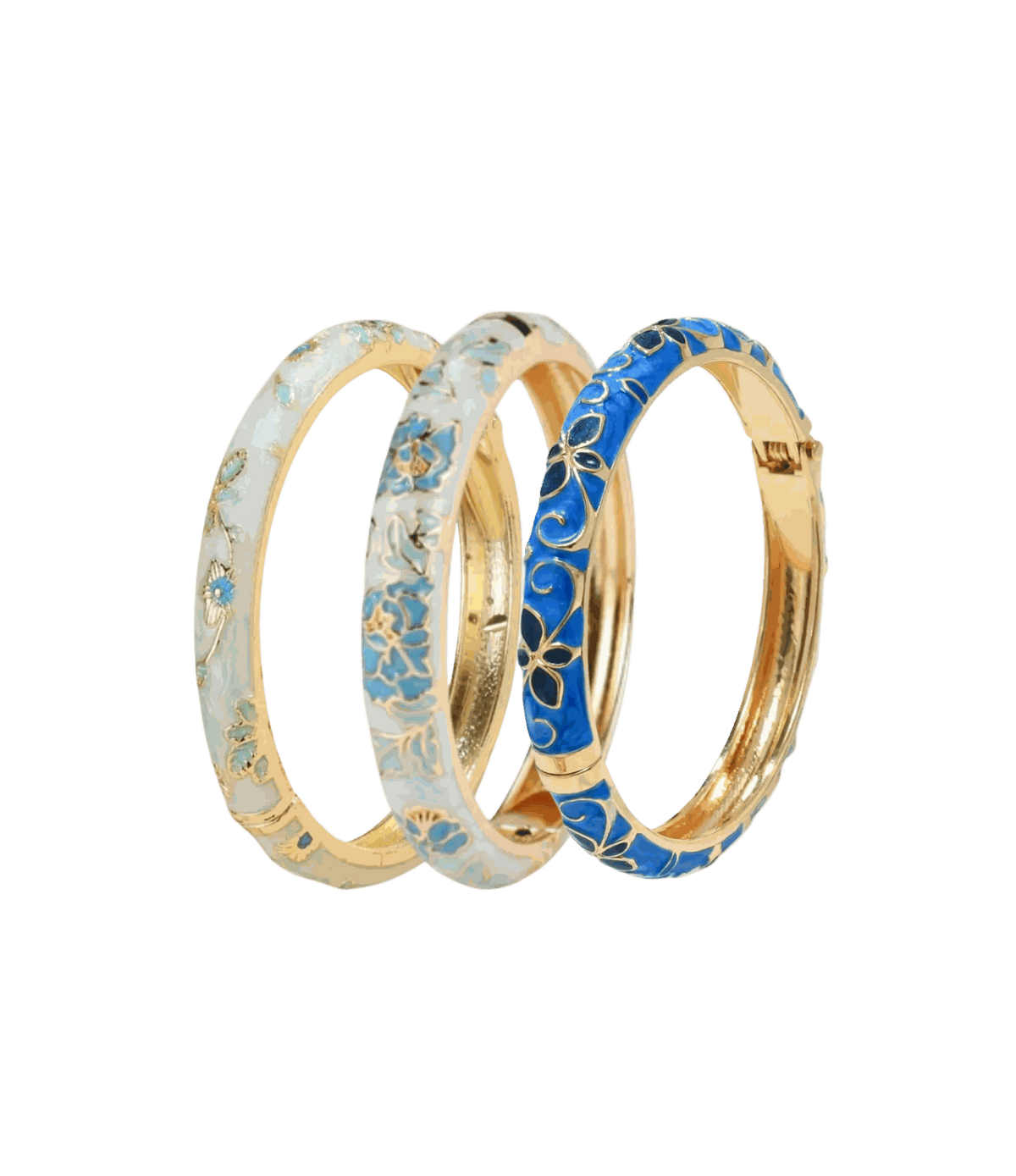 Enamel bangle set in light blue, ivory, and cobalt with gold-tone floral patterns; THE BLUE HONEY BANGLE SET includes three bangles.