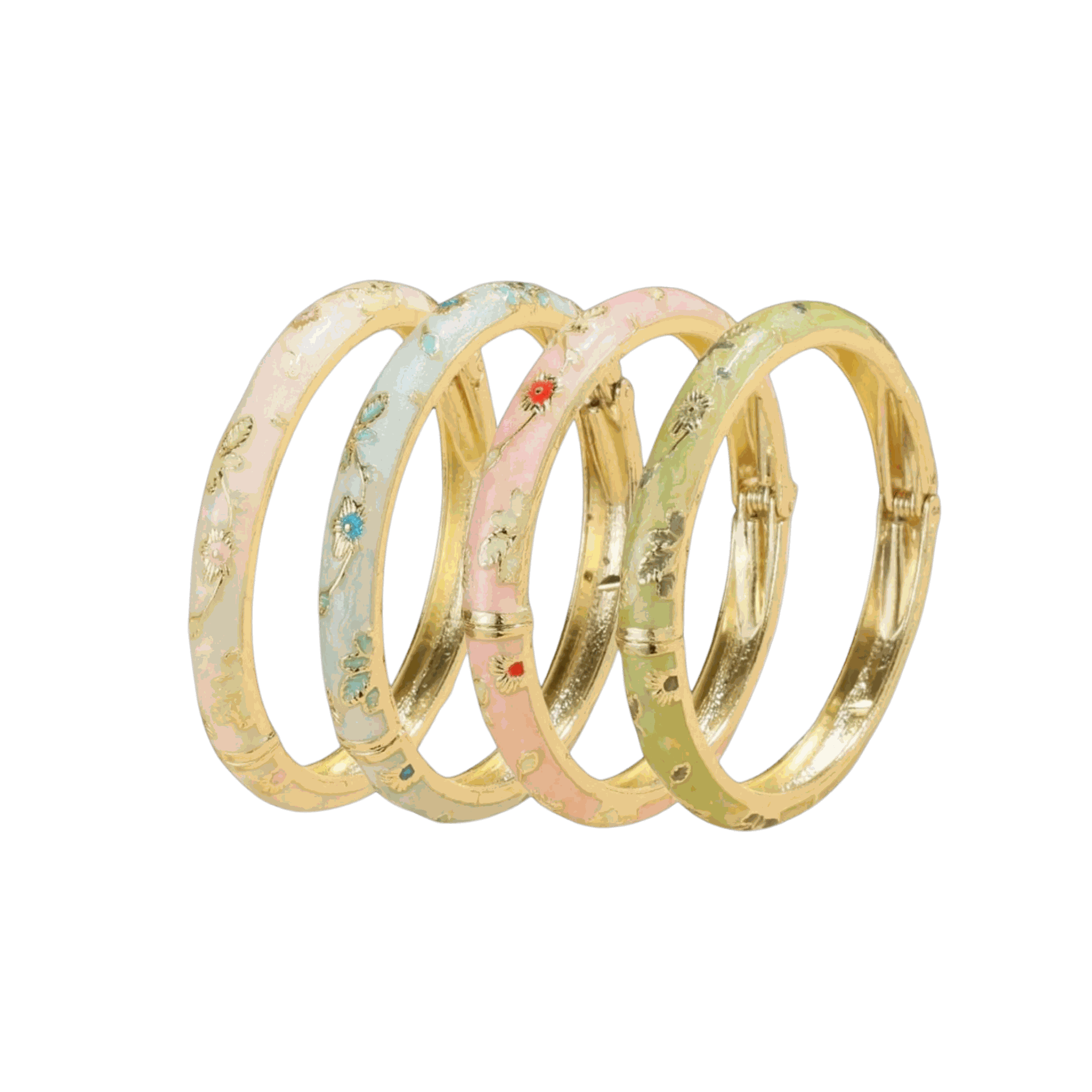 THE FAIRY BANGLE SET features four gold-tone enamel bangles in white, blue, pink and green with delicate floral motifs.