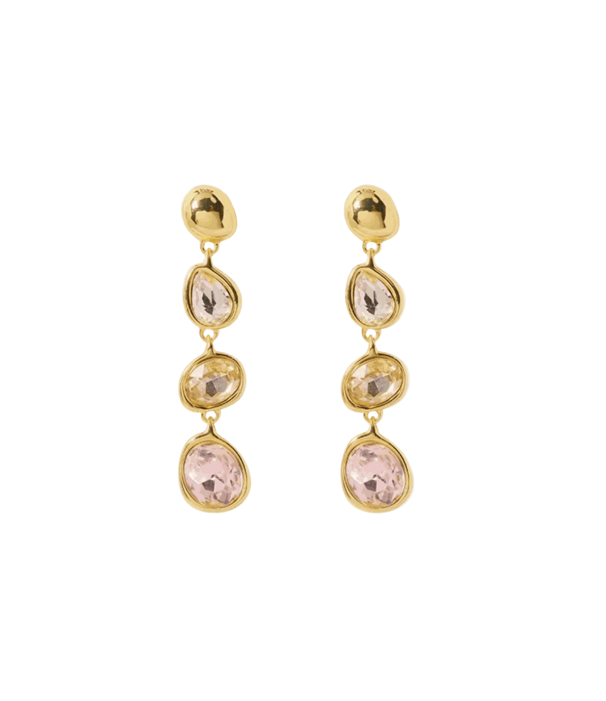 THEIA EARRINGS are gold-tone drop earrings with four linked oval and teardrop settings, featuring clear and pale pink stones.