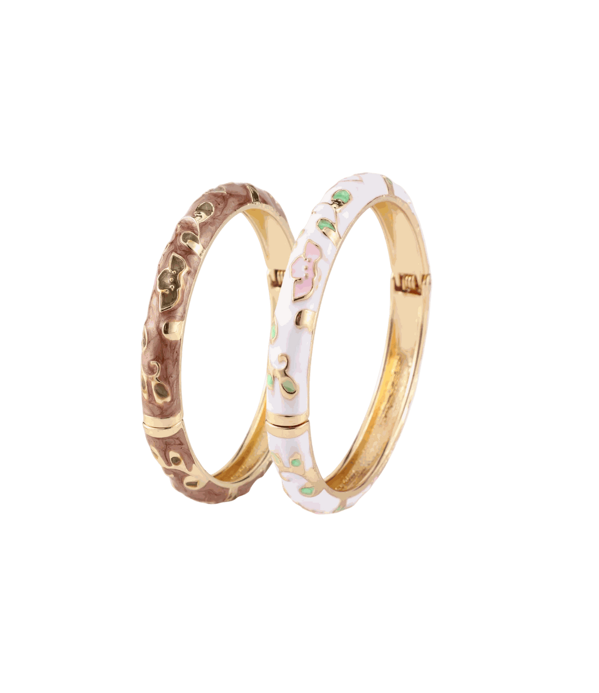 Two Be Honest Enamel Bangle Set - Chinese Cloisonne Bangle Set with white and brown enamel and delicate floral details