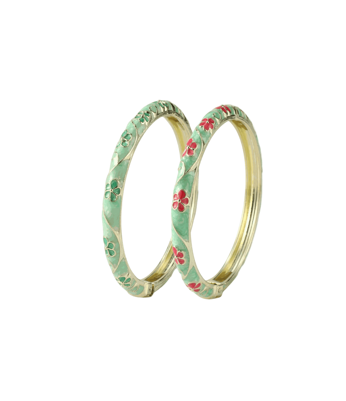 VALENCIA BANGLE SET of two mint-green enamel bangles with gold-tone edges and delicate pink and green floral patterns.