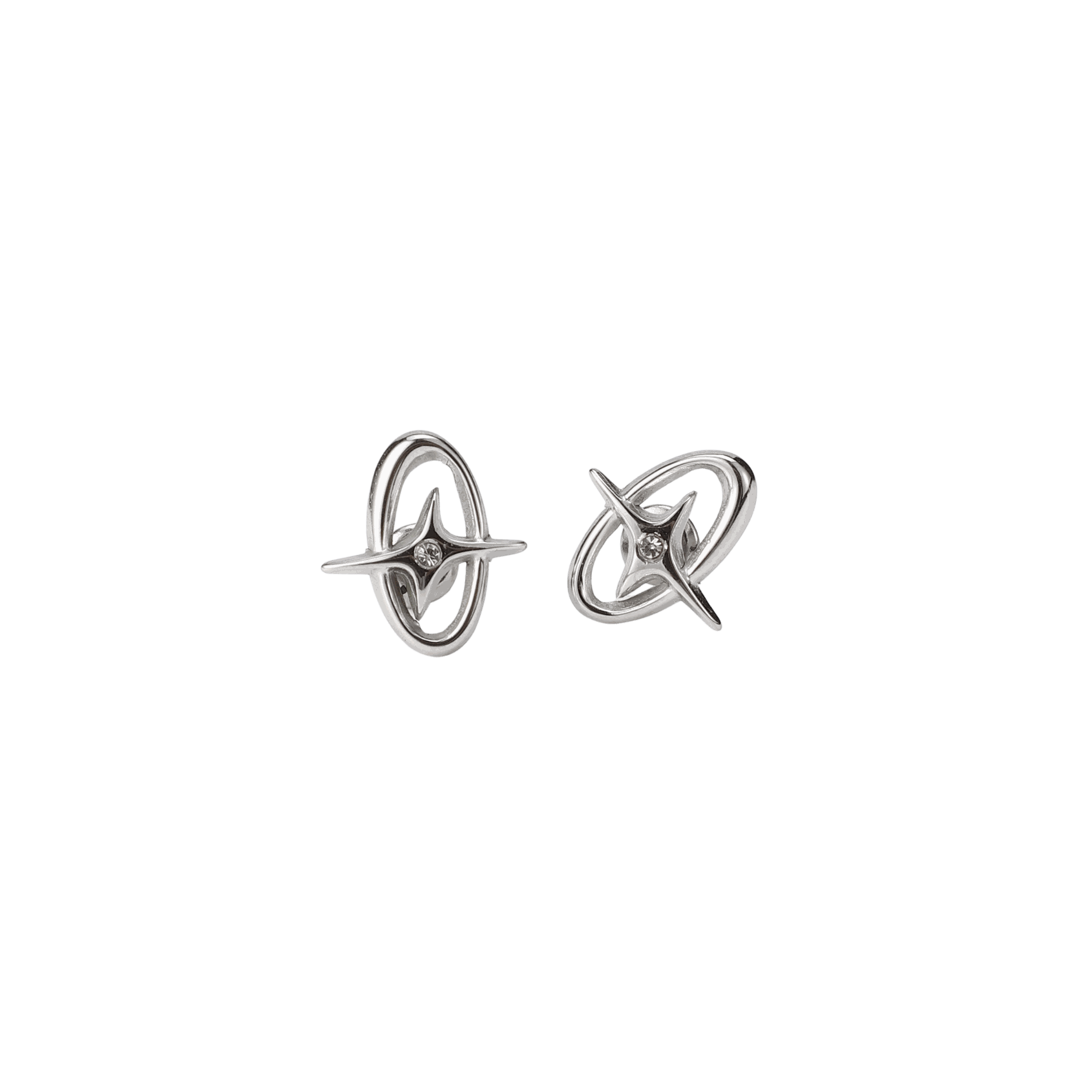 Stud earrings, Vega Earrings - Silver Stainless Steel Star Stud Earrings, feature polished silver orbital loops and clear centre stones.
