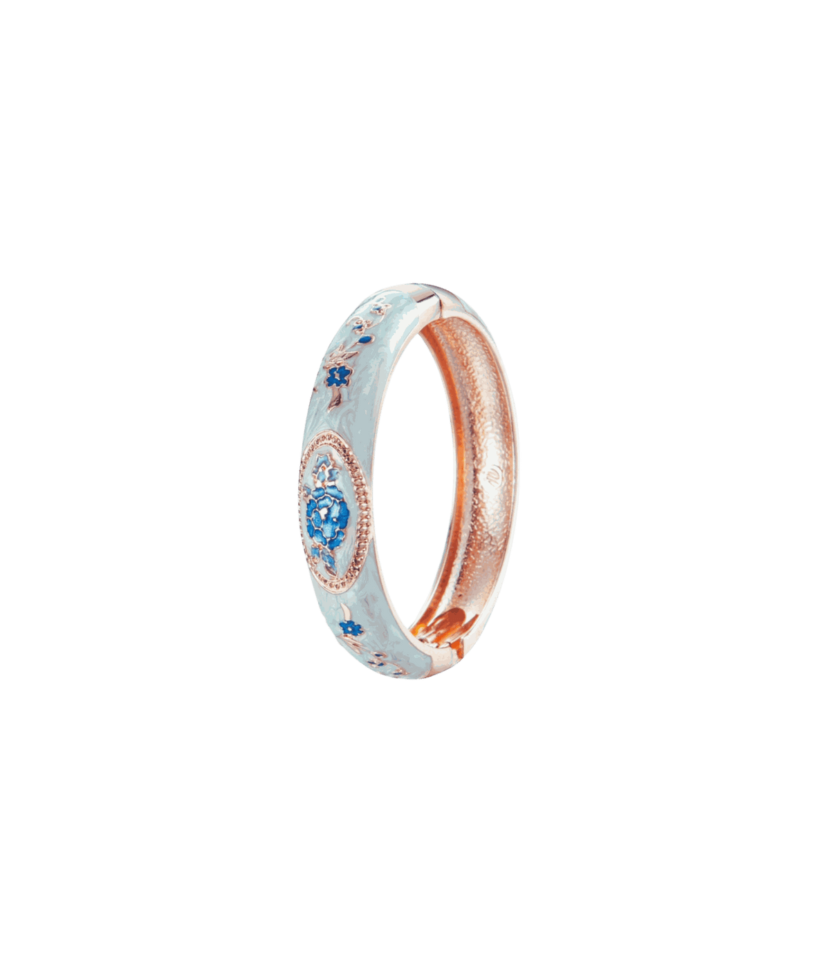 Venice Enamel Bangle in Light Blue - Chinese cloisonné bangle with pale blue enamel, blue floral motifs and copper-toned edges