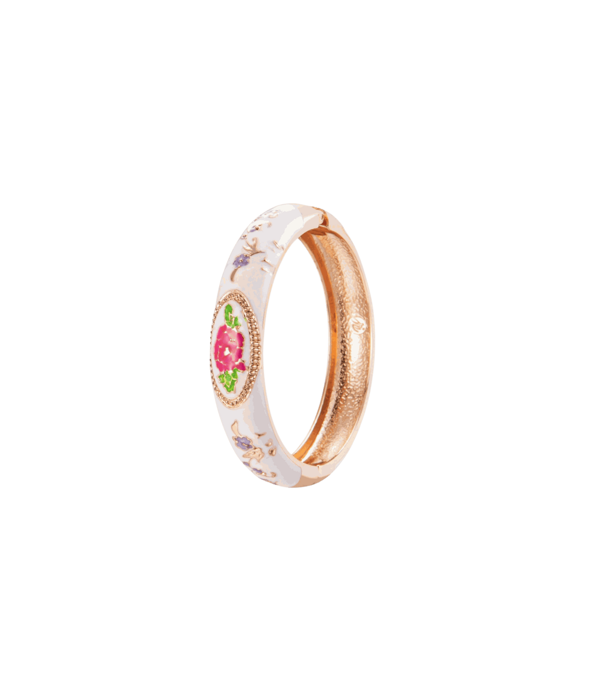 VENICE ENAMEL BANGLE in white enamel with delicate floral motifs, a pink central jewel, and a gold-tone inner band