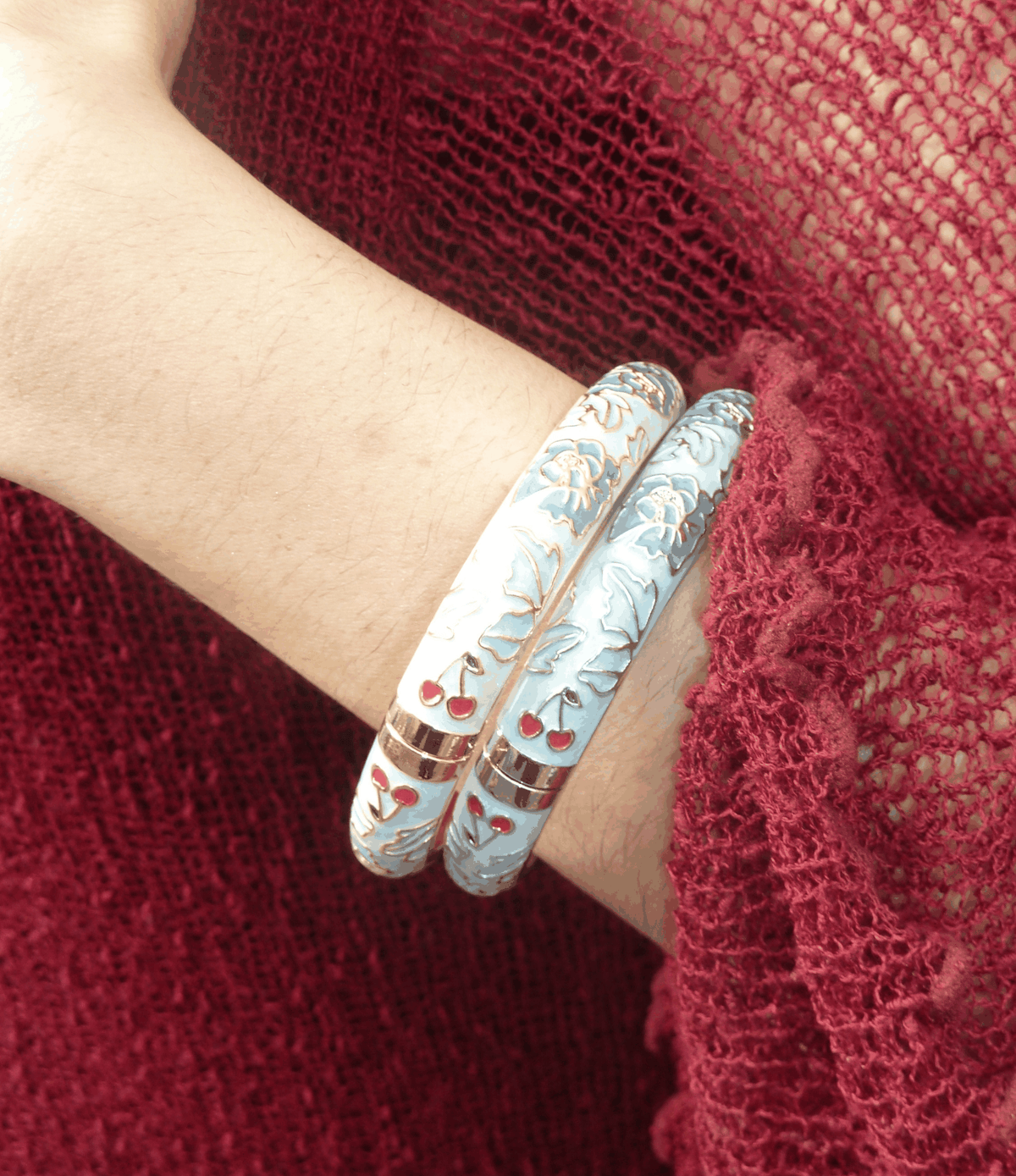 Vienna Enamel Bangle - Chinese cloisonné bangle in pale blue enamel with gold floral scrollwork and red accents