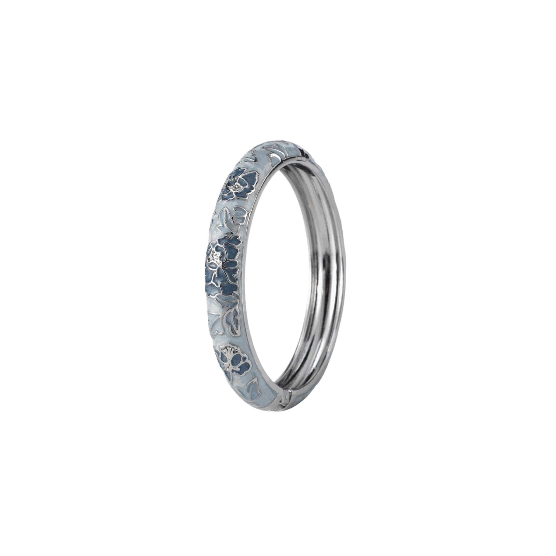 Vienna Enamel Bangle - Chinese cloisonné bangle in pale blue enamel with silver-tone metal detailing and floral motifs