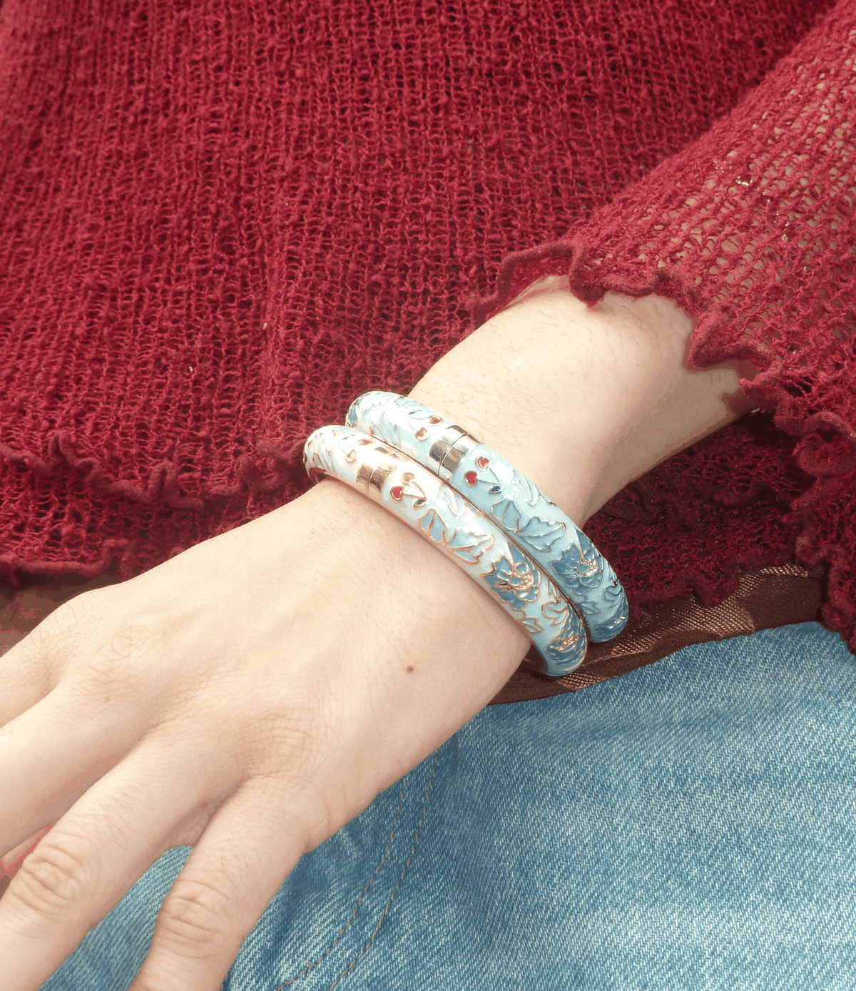 Vienna Enamel Bangle - Chinese cloisonné bangle in pale blue enamel with intricate metallic floral detailing