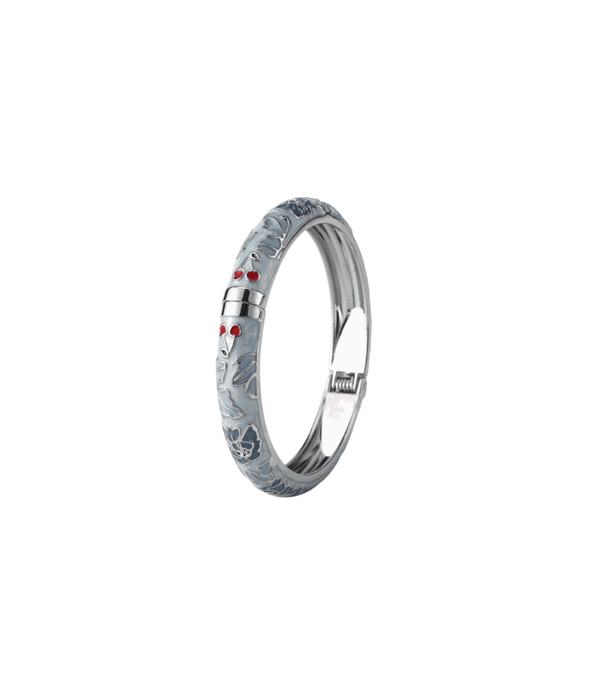 Vienna Enamel Bangle - Chinese cloisonné bangle in silver-tone metal with pale blue enamel, floral detailing and red accents