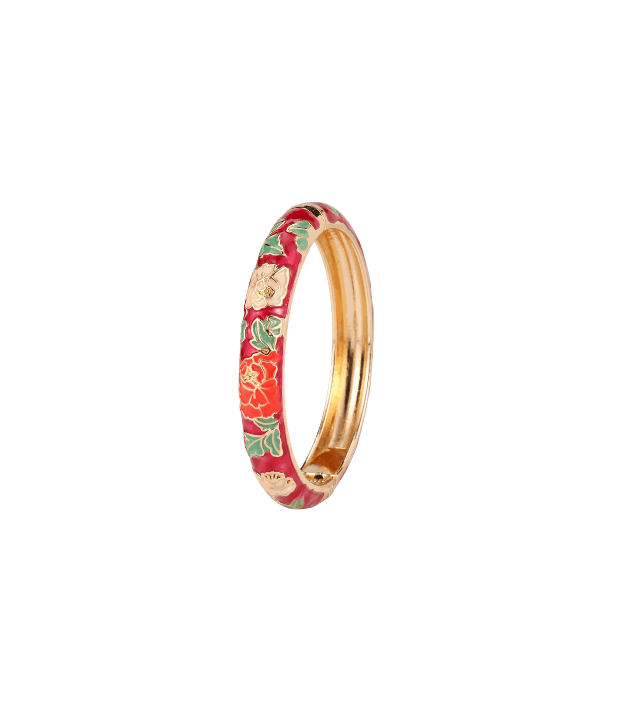 Vienna Enamel Bangle in Dark Red - Chinese cloisonné bangle, glossy red enamel with floral motifs and gold-tone edging