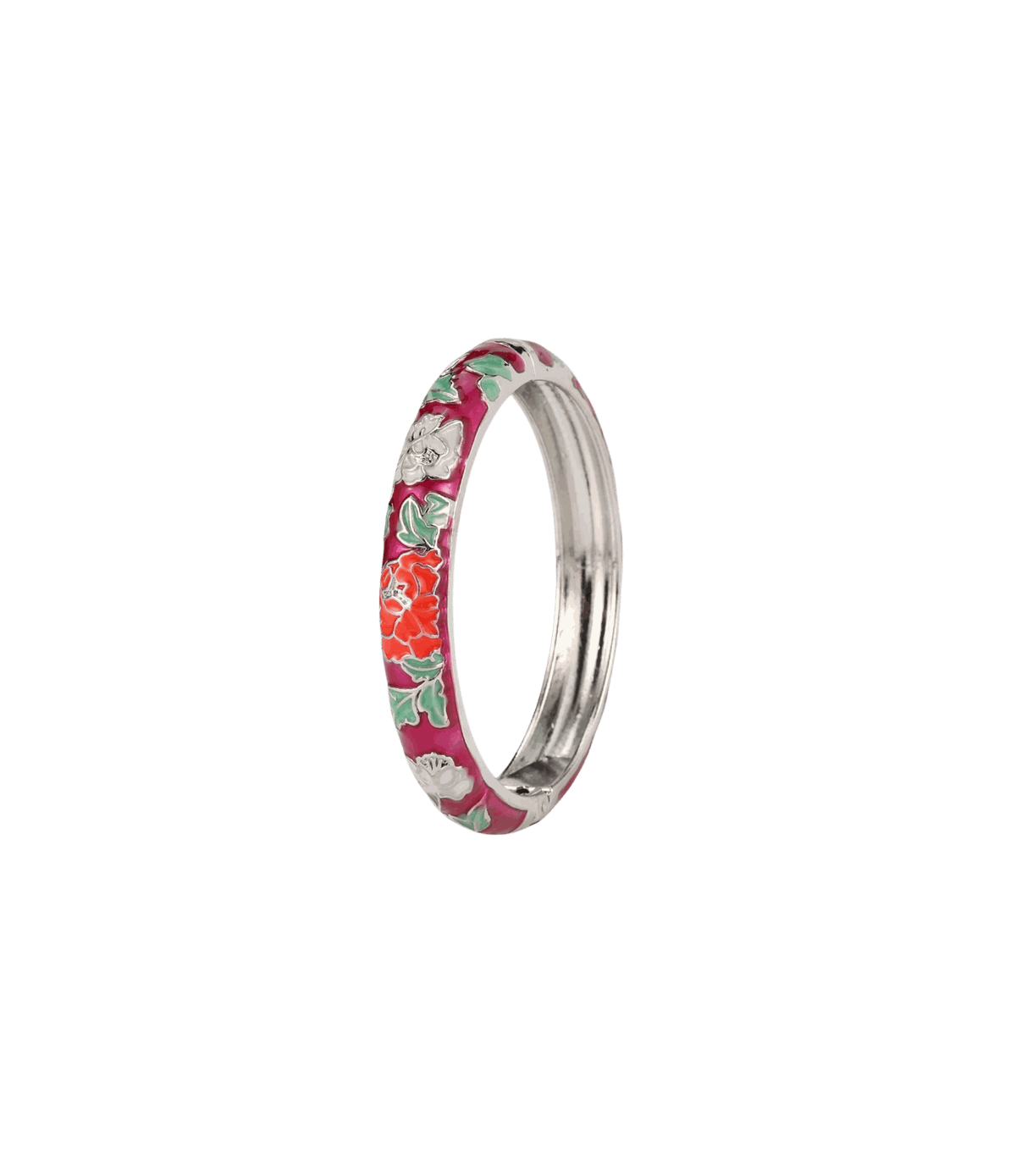 Enamel bangle, Vienna Enamel Bangle in Dark Red - Chinese cloisonné bangle, with silver-tone edges and vivid floral details.
