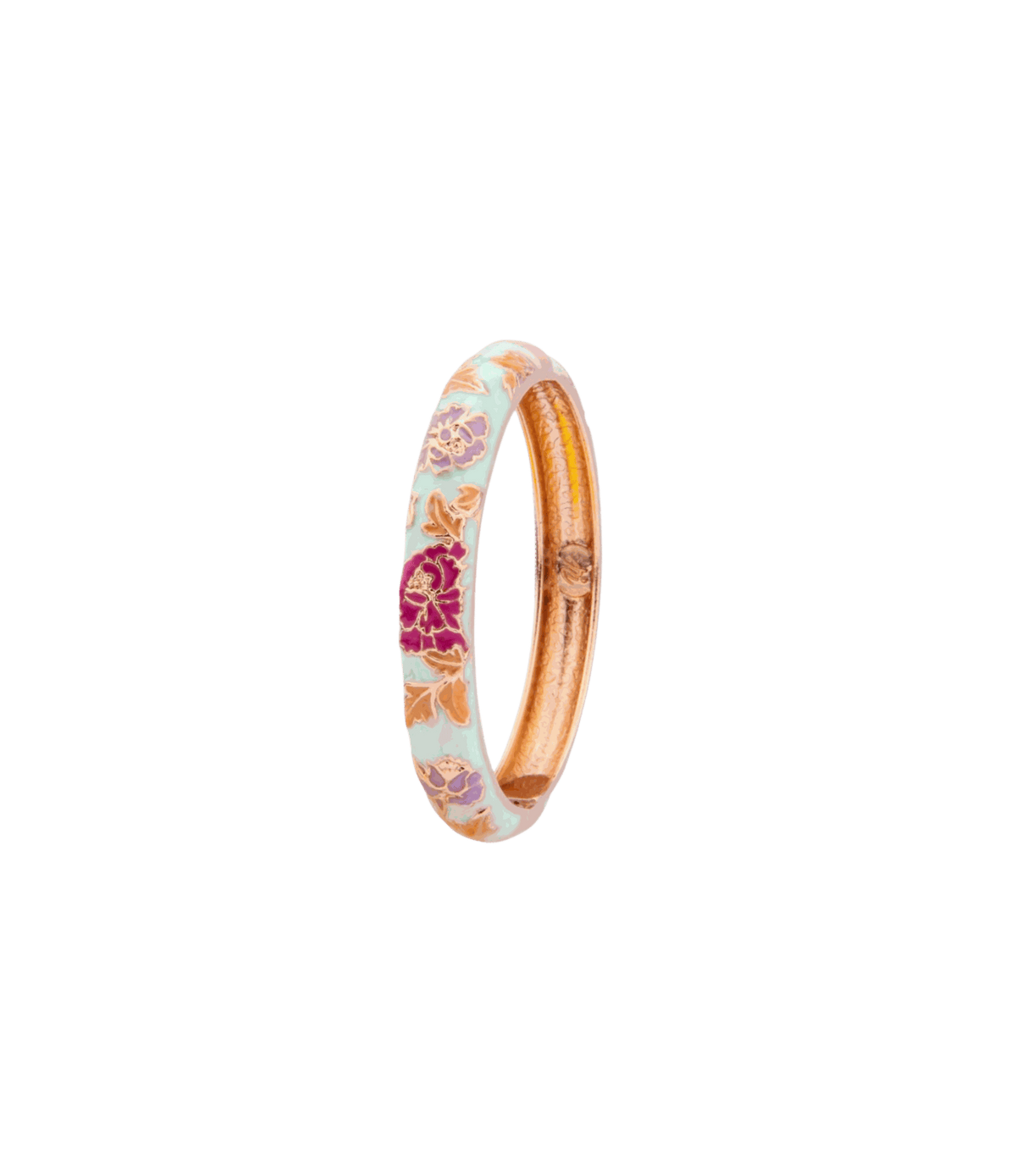 VIENNA ENAMEL BANGLE with a pale blue-green enamel band, gold-tone metal edges, and colorful floral motifs.