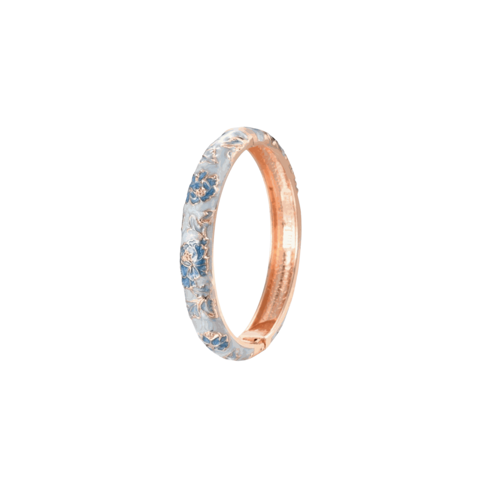 VIENNA ENAMEL BANGLE with pale blue floral enamel panels and rose-gold-toned metal detailing on a slim circular band
