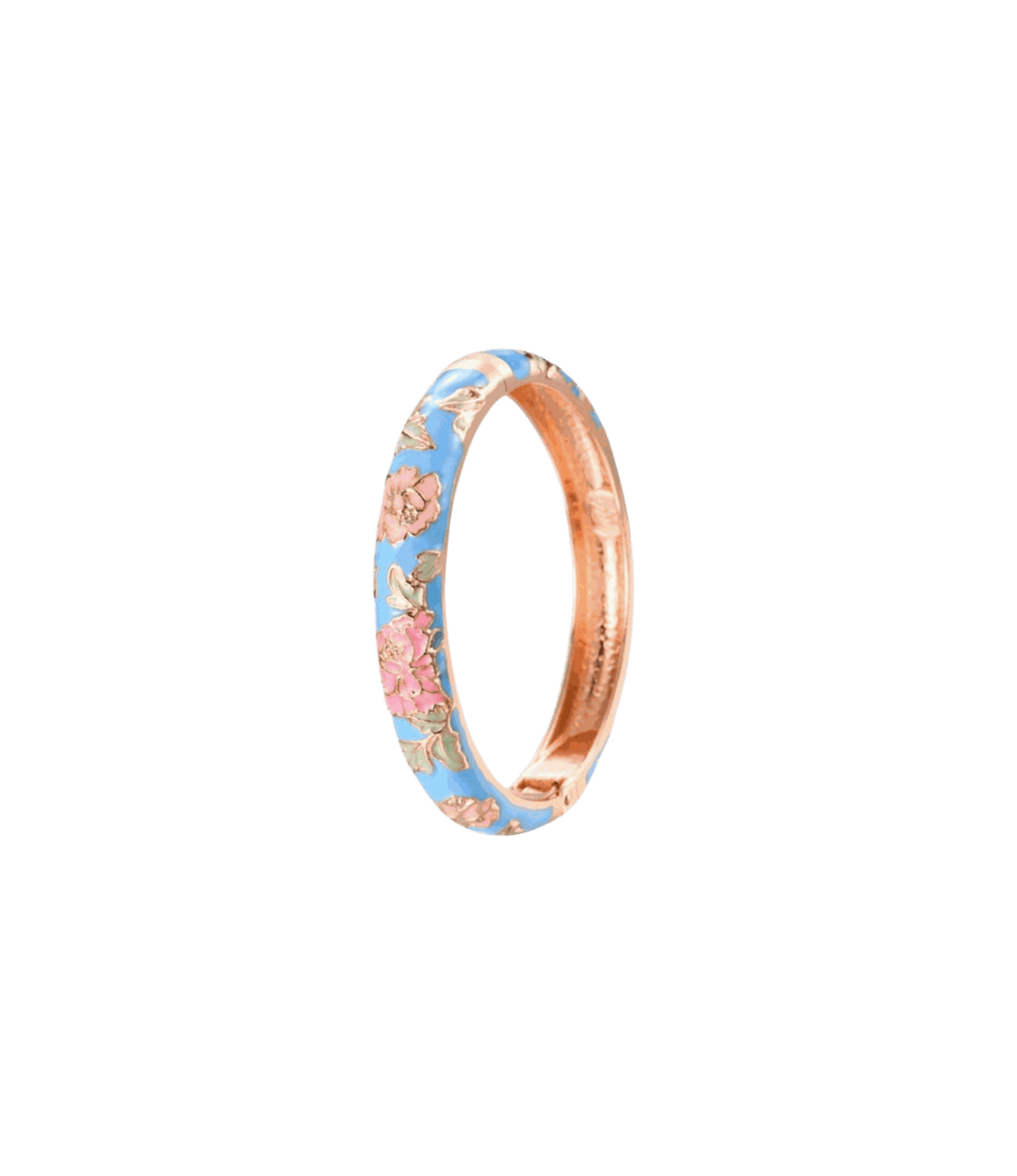 VIENNA ENAMEL BANGLE in sky-blue enamel with pink floral detailing and a glossy finish on a gold-tone metal band.