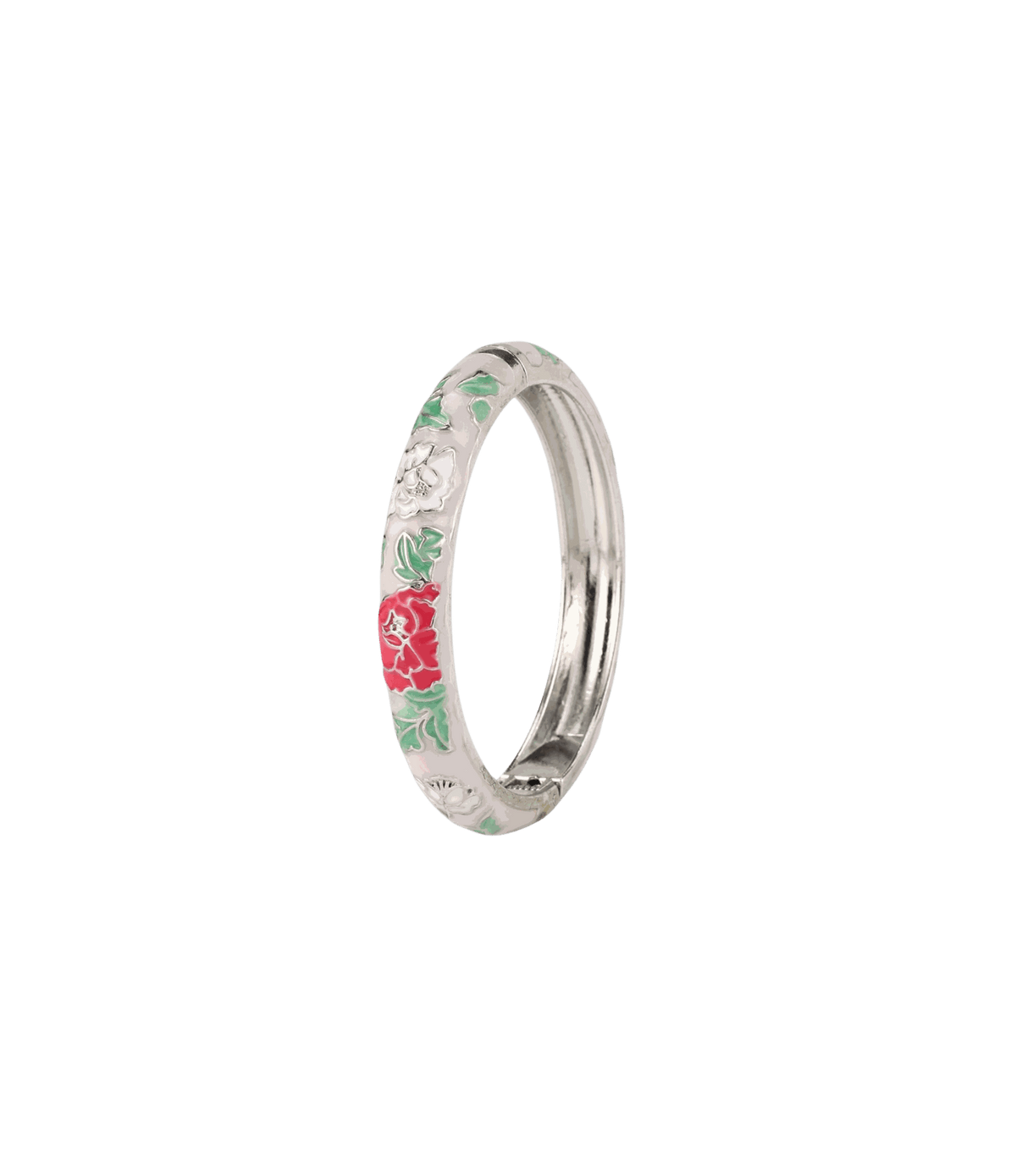 VIENNA ENAMEL BANGLE in silver-tone metal with a white enamel band, red floral motif and green leaves