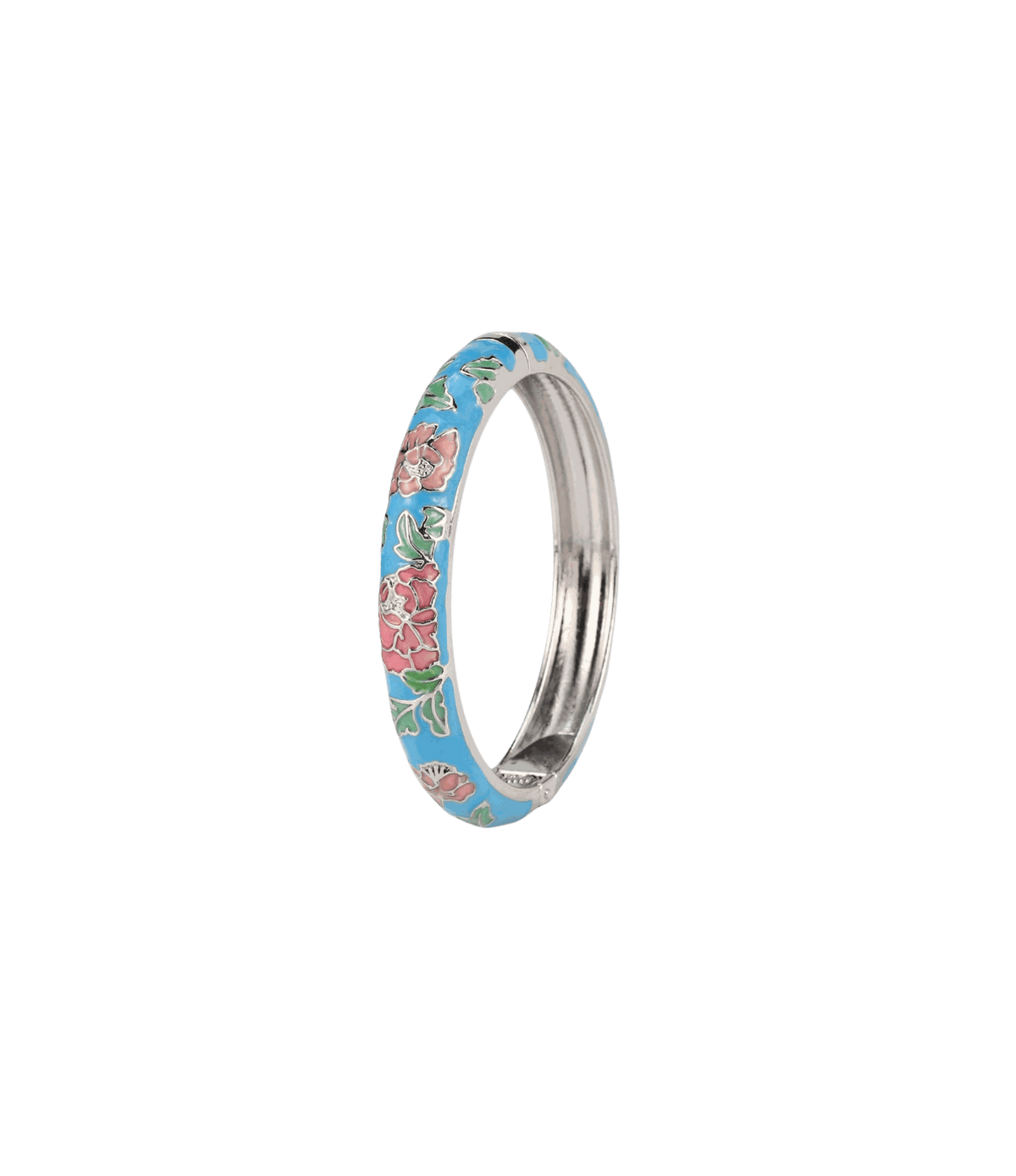 VIENNA ENAMEL BANGLE in sky blue enamel with pink floral patterns and a polished silver-tone inner band
