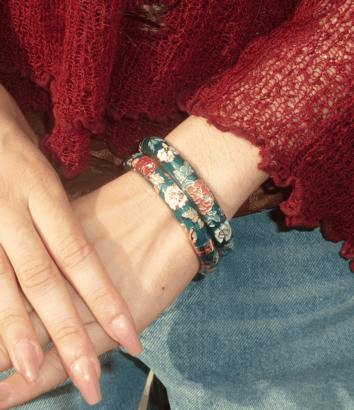 Vienna Enamel Bangle Vivid in Green - Chinese cloisonné bangle with teal enamel, gold-tone floral details and a slim curved shape