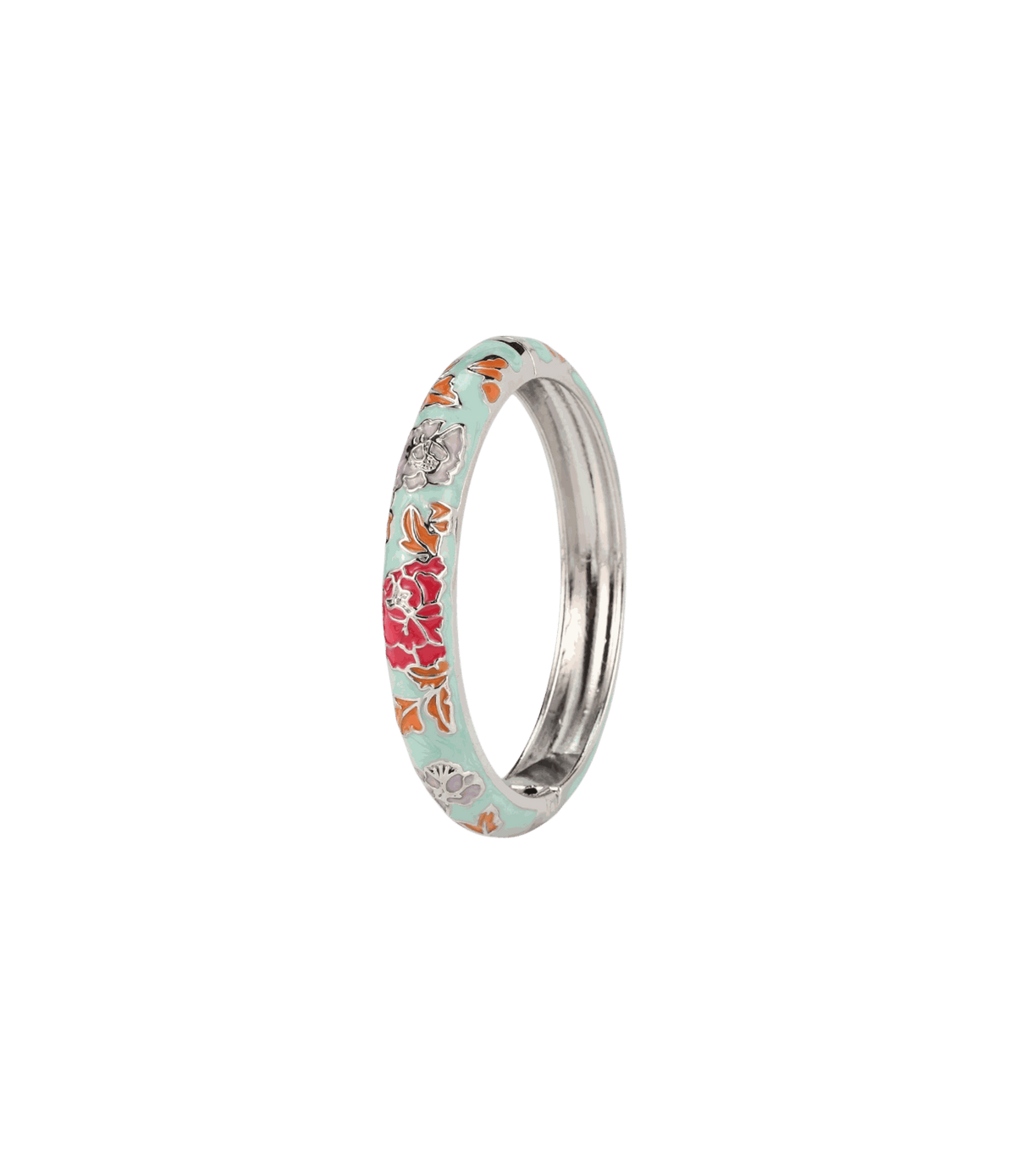 Vienna Enamel Bangle Vivid in Light Green - Chinese cloisonné bangle, pale green enamel with red and orange floral motifs.