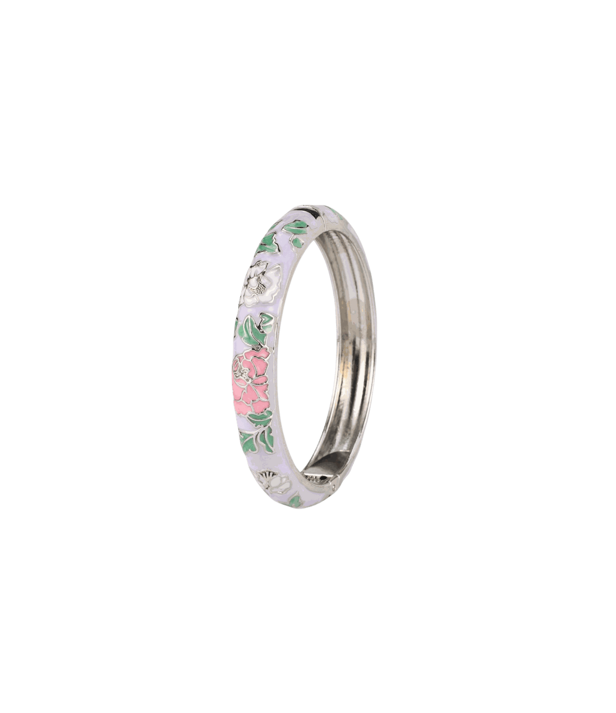 Bangle in silver-tone metal and enamel with pink floral motifs and green leaves; Vienna Enamel Bangle Vivid in Light Purple - Chinese cloisonné bangle