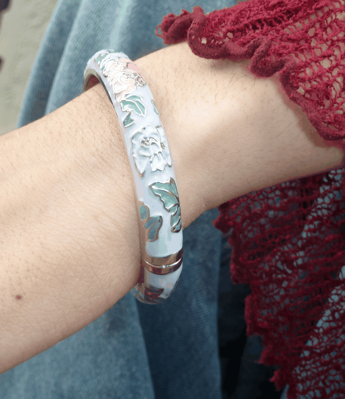 Bangle, Vienna Enamel Bangle Vivid in Light Purple - Chinese cloisonné bangle, pale blue enamel with raised silver floral detailing.