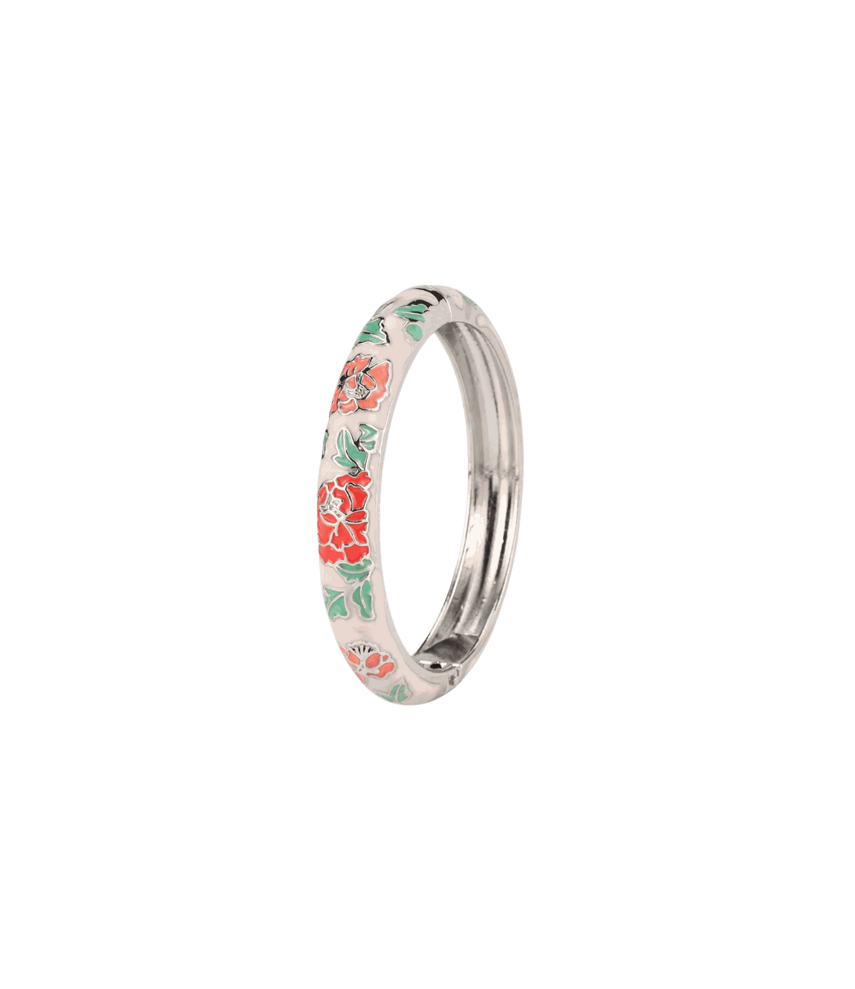Vienna Enamel Bangle Vivid in Nude - Chinese cloisonné bangle with pale mint enamel, coral flowers and silver-tone edges