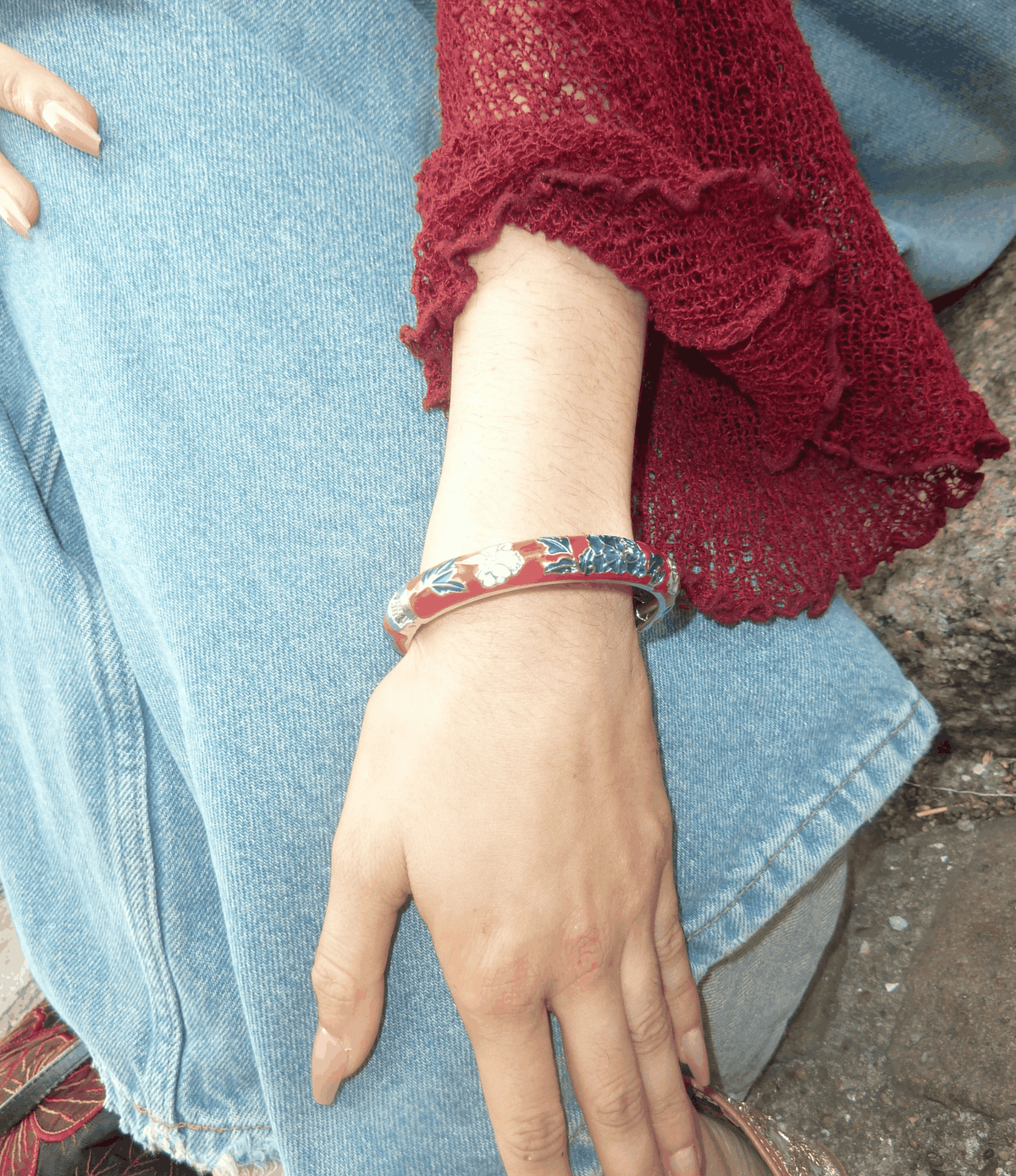 Vienna Enamel Bangle Vivid in Red - Chinese cloisonné bangle, slim red enamel band with colourful floral details