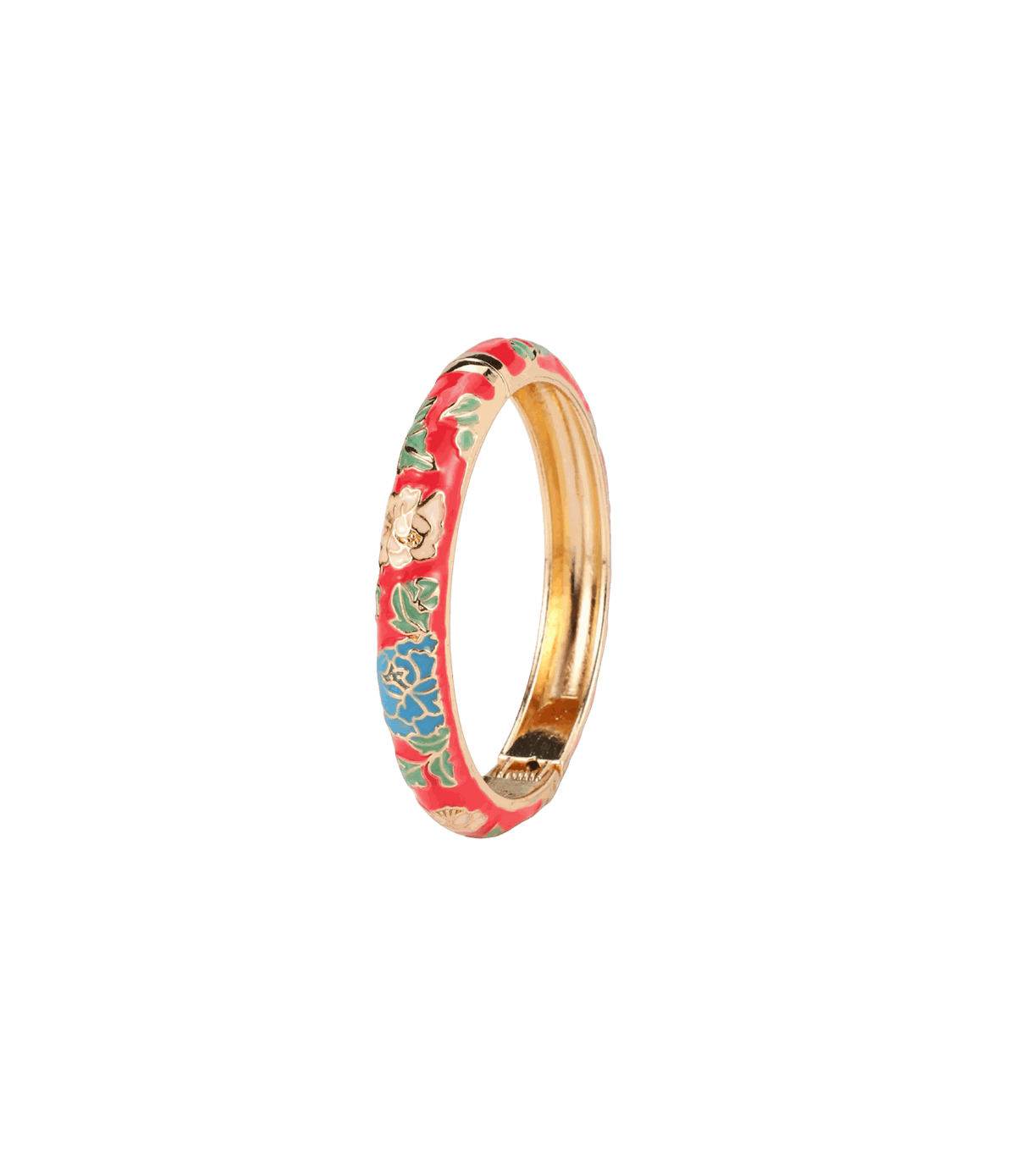 Vienna Enamel Bangle Vivid in Rose Red - Chinese cloisonné bangle with red floral enamel, blue accents and a gold-tone interior