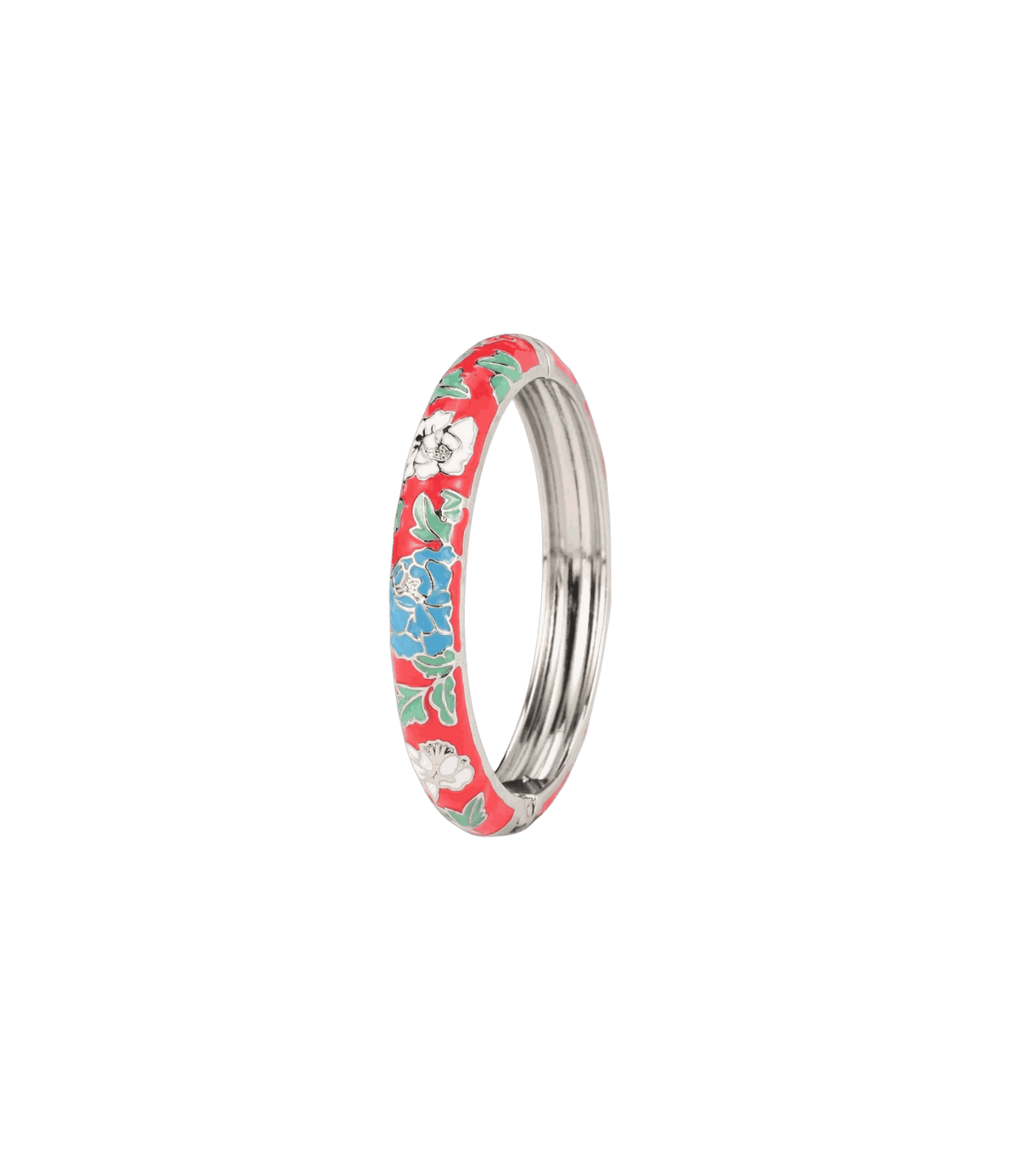 Vienna Enamel Bangle Vivid in Rose Red - Chinese cloisonné bangle with rose-red enamel, colorful floral motifs and silver-tone edges