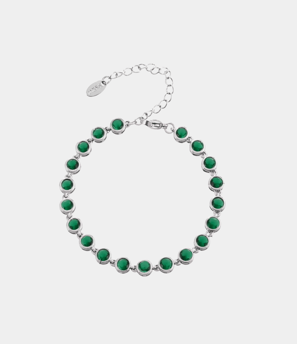 Vivian Bracelet in Green, a silver-tone chain bracelet with a row of round glossy green stones and an adjustable clasp