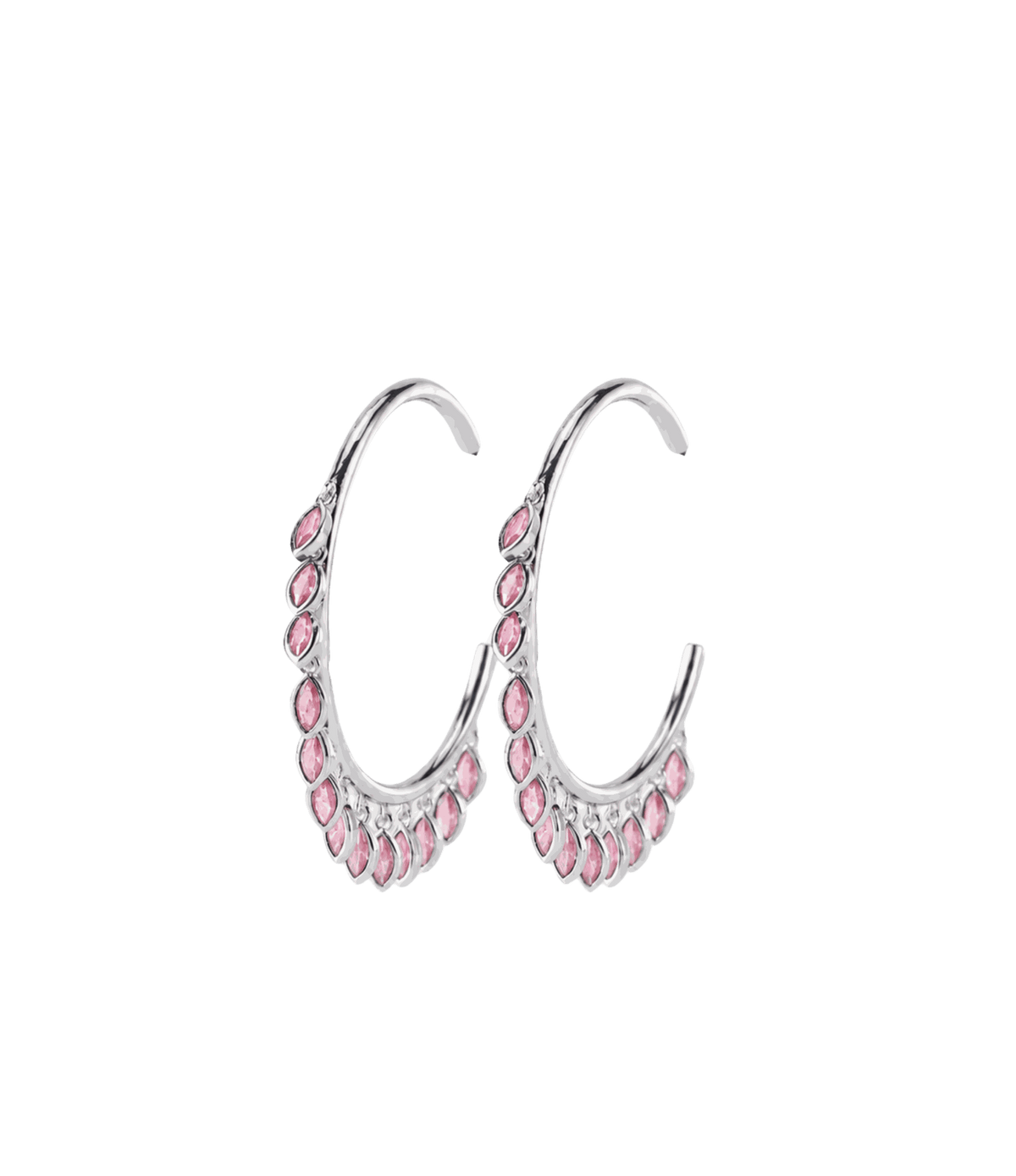 VIVIAN EARRINGS IN PINK silver-tone open hoop earrings with pink marquise stones arranged along the lower edge