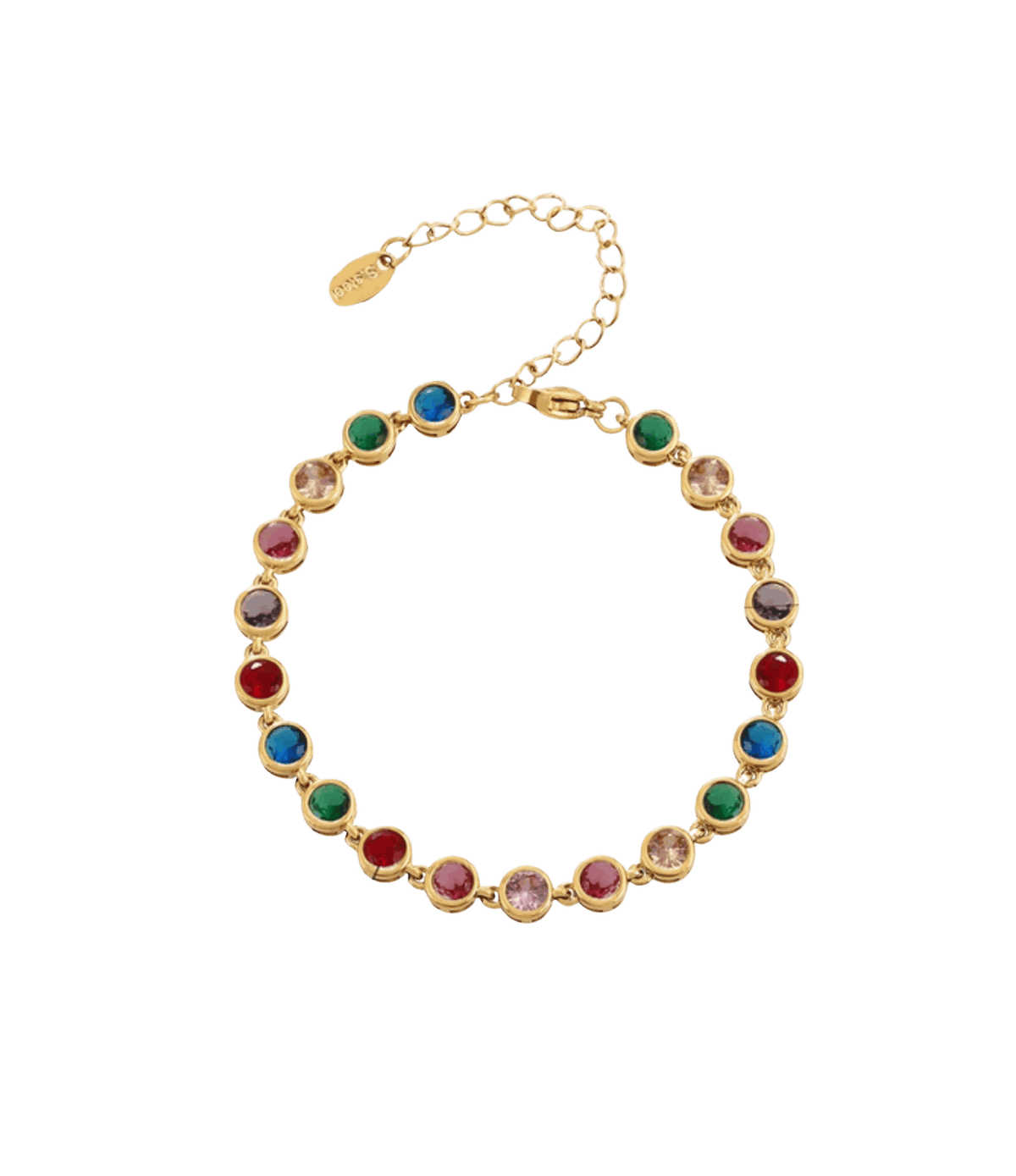 VIVIAN TENNIS BRACELET in gold-tone metal with a full row of round multicoloured stones and an extension chain
