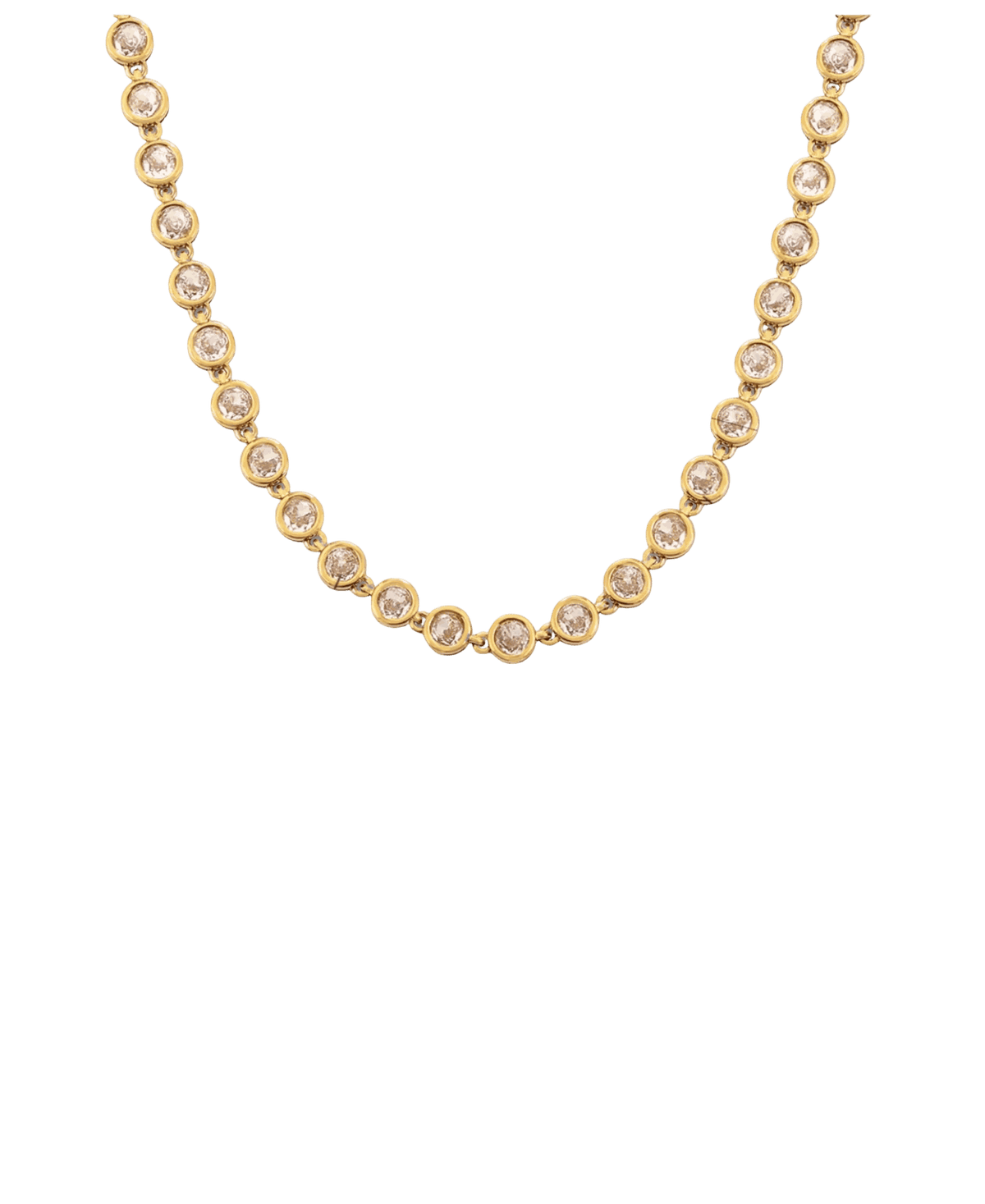 Vivian Tennis Necklace with a gold-tone chain set with a continuous row of round white stones in bezel settings