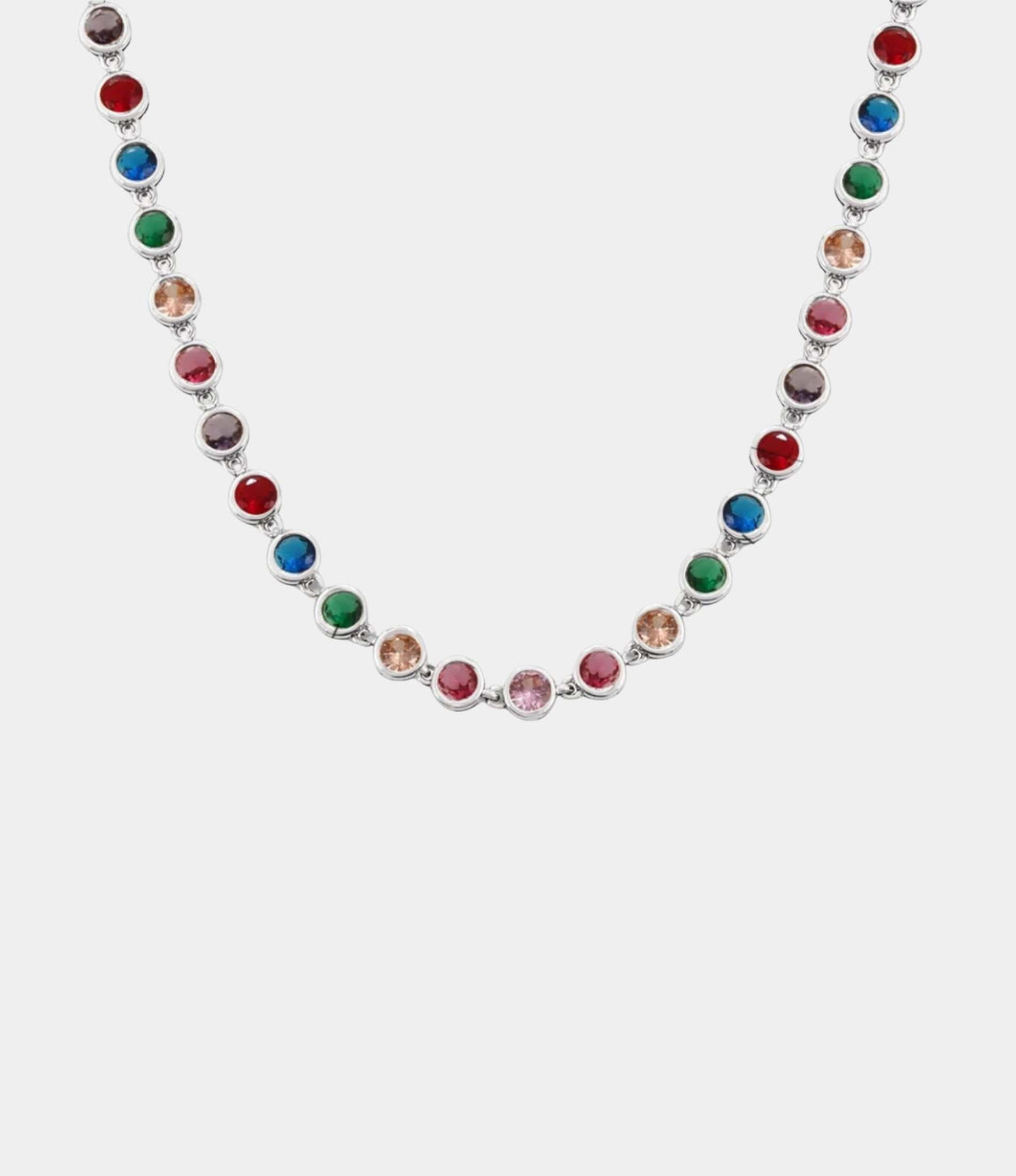 VIVIAN TENNIS NECKLACE with a silver-tone metal chain set with round multicolour stones in a continuous row.
